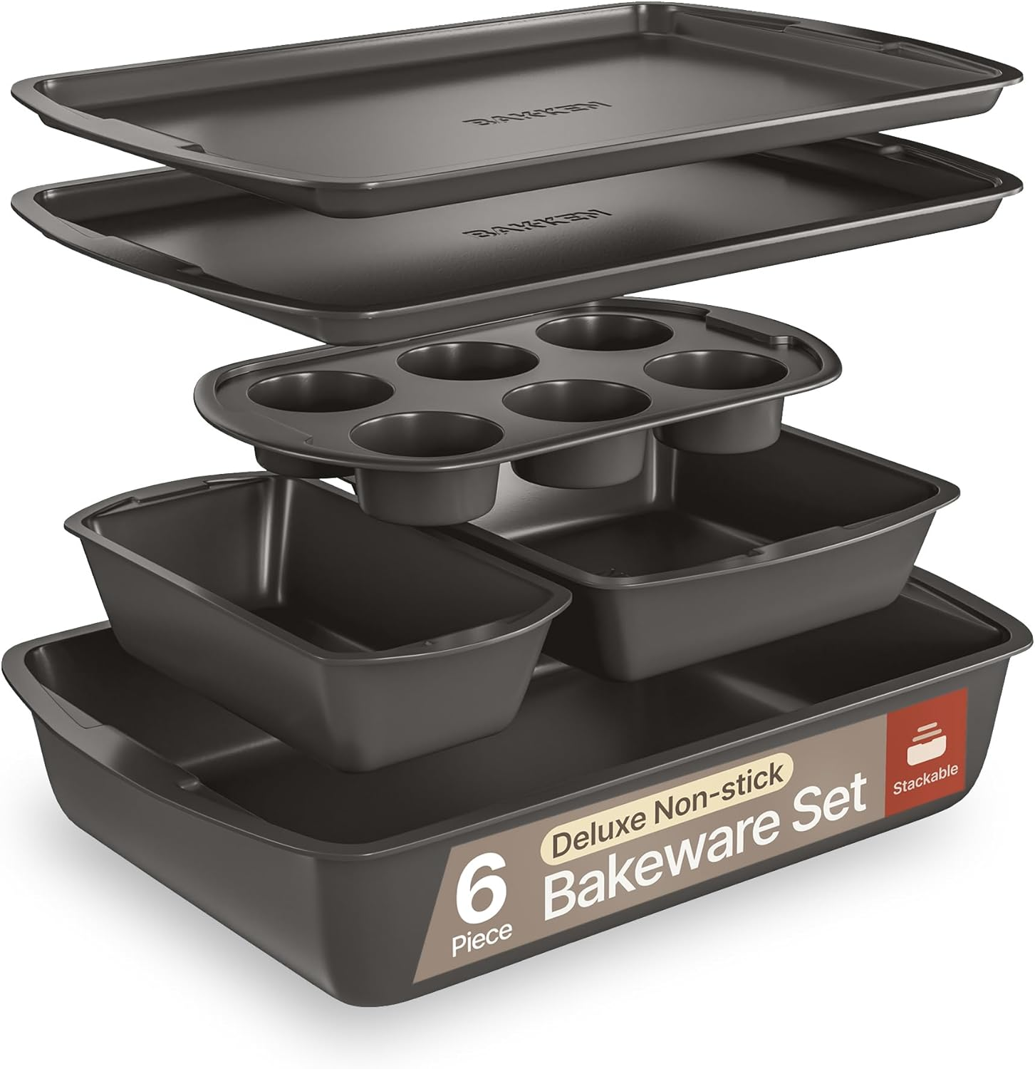 Bakken Swiss - Bakeware Set &ndash; 6 Piece &ndash; Stackable, Deluxe, Non-Stick Baking Pans for Professional and Home Cooking &ndash; Carbon Steel, Gray Coating image number 1