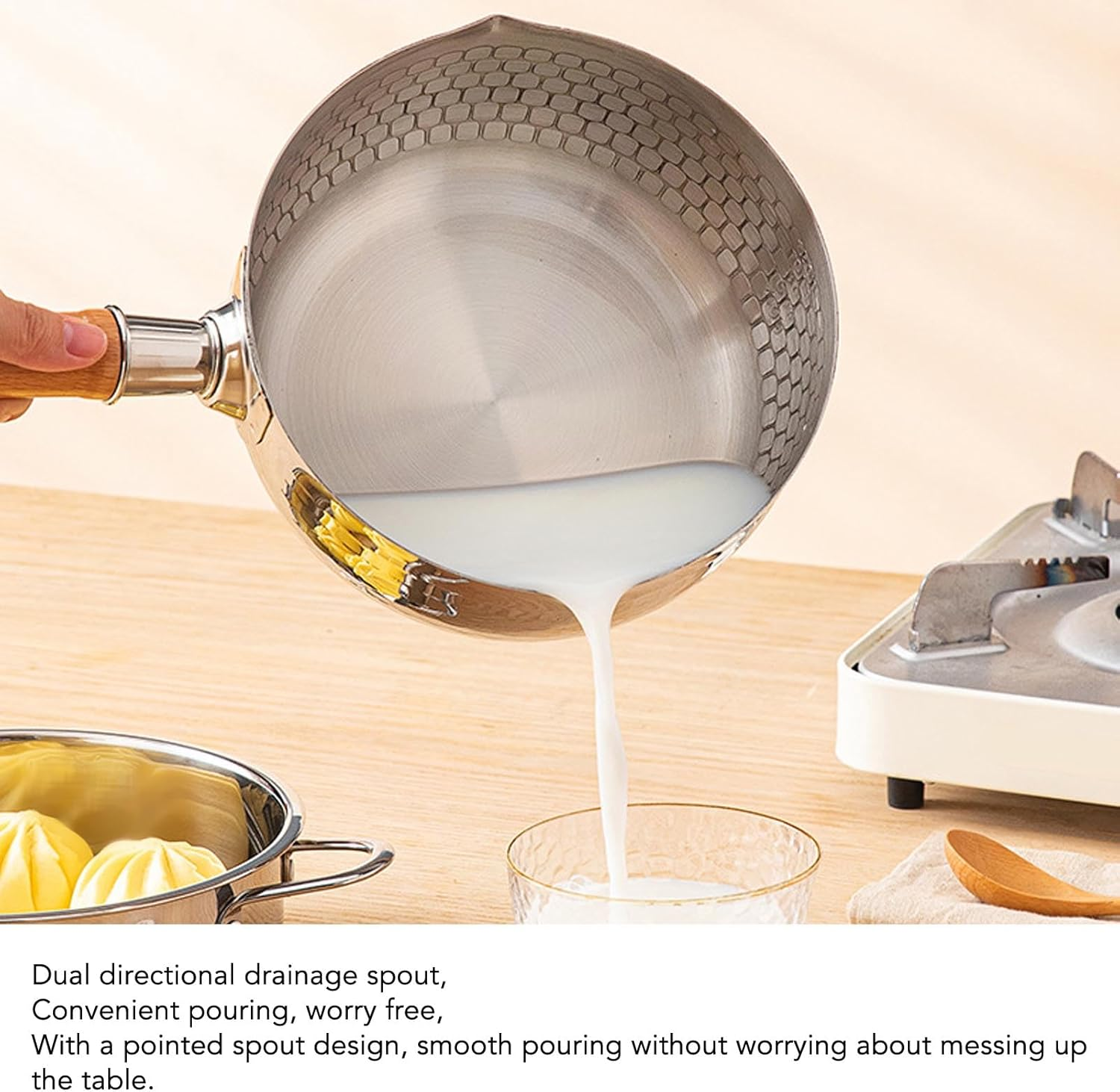 Sauce Pan, Non Stick Stainless Steel Saucepan with Wood Long Handle, Small Milk Pot Pan, Compatible for All Stove Top (18Cm)