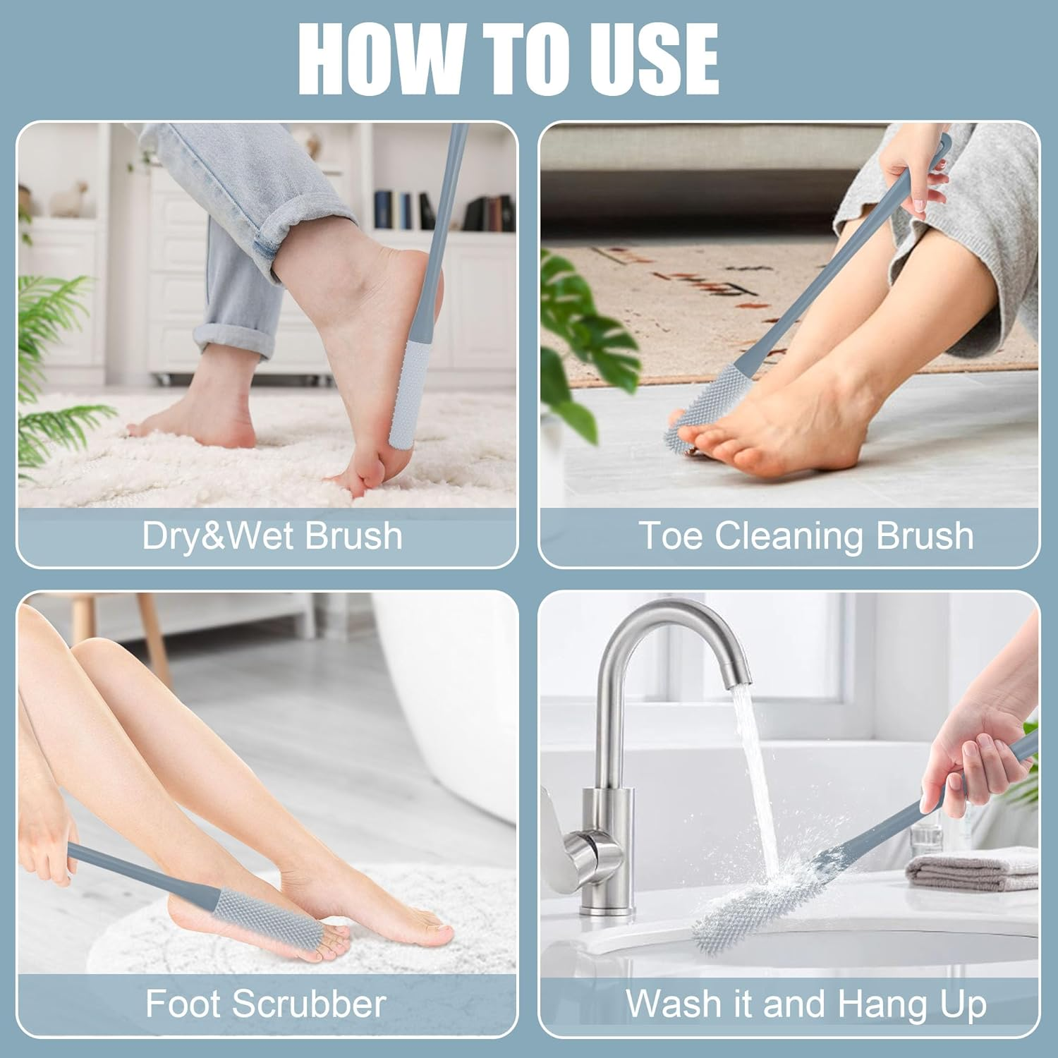 OWIIZI Toe Cleaning Brush 15.7" Foot Scrubber in Shower with Long Handle Silicone Foot Brush Soft Skin Exfoliation Lotion Applicator for Foot Seniors,Elderly, Men and Women 2Pack image number 4