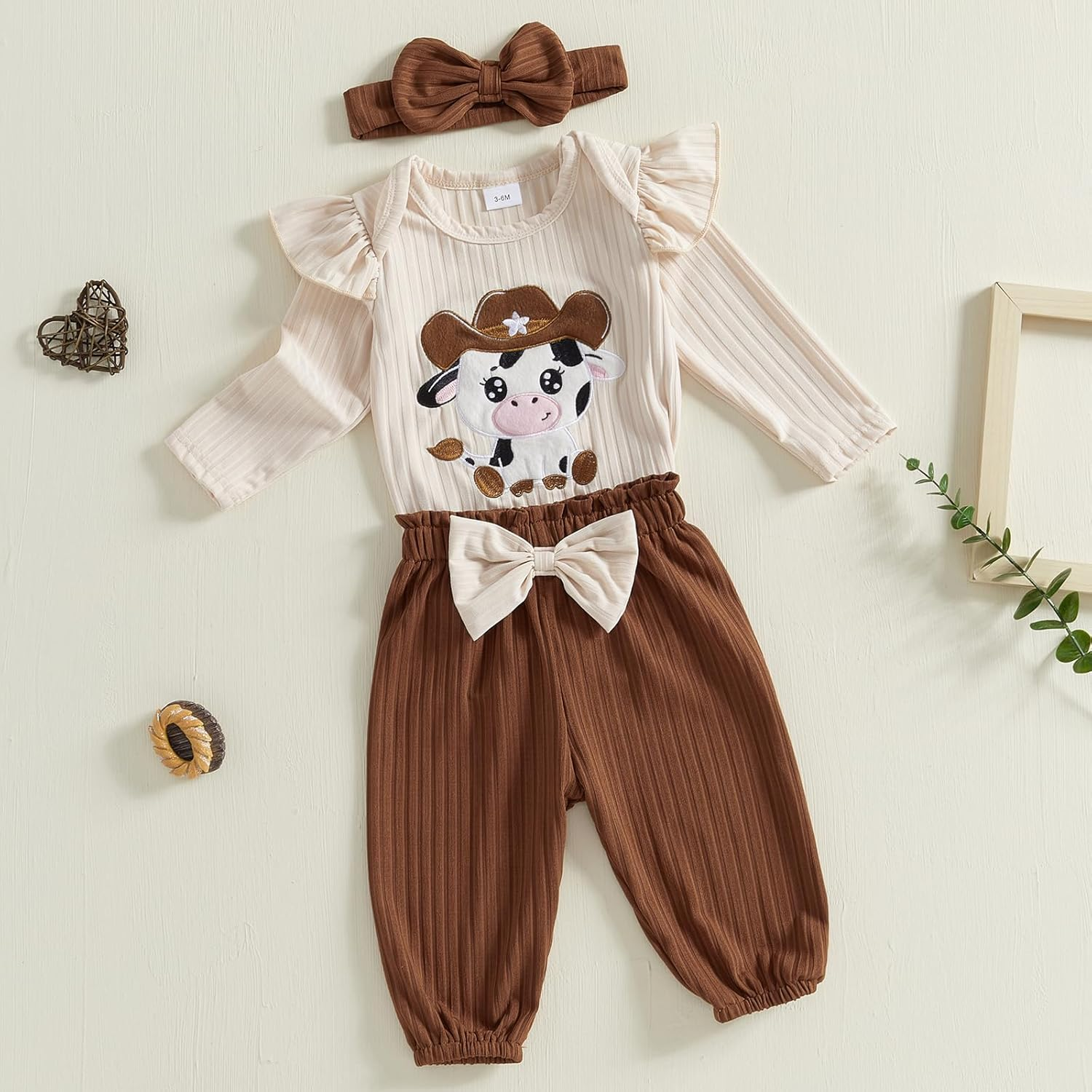 Omkzanbi Western Baby Girl Clothes Cow Print Ruffle Bodysuit Bowknot Jogger Pants Headband Country Cowgirl Coming Home Outfit