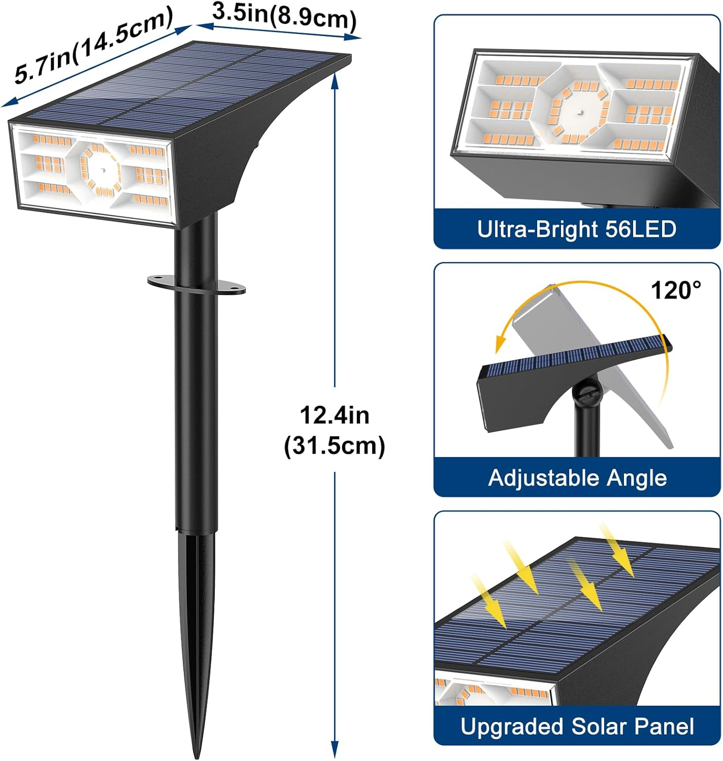 WENATY Solar Lights for Outdoors, 56 LED Solar Spotlights for Outdoor Garden 3000 K Warm White LED Solar Spotlight, 4 Brightness Modes, Solar Garden Lights, IP65 Waterproof Solar Lights for Pathway, image number 6