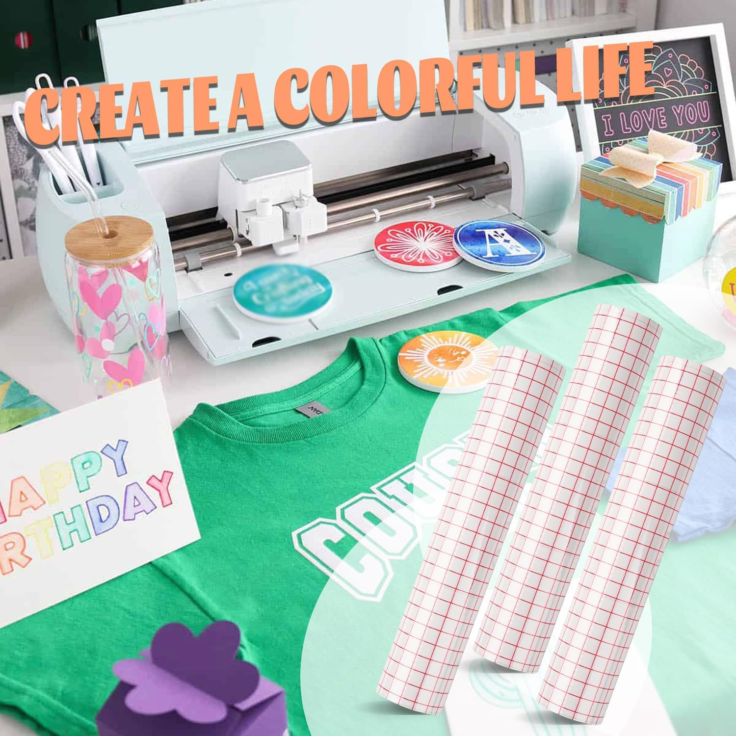 THANMAO Clear Vinyl Transfer Paper Tape Roll 12" X 50 Ft,Red Alignment Grid Clear，Transfer Paper for Cricut Silhouette Cameo Transfer Paper for Adhesive Vinyl/Decals/Signs/Windows/Stickers image number 3