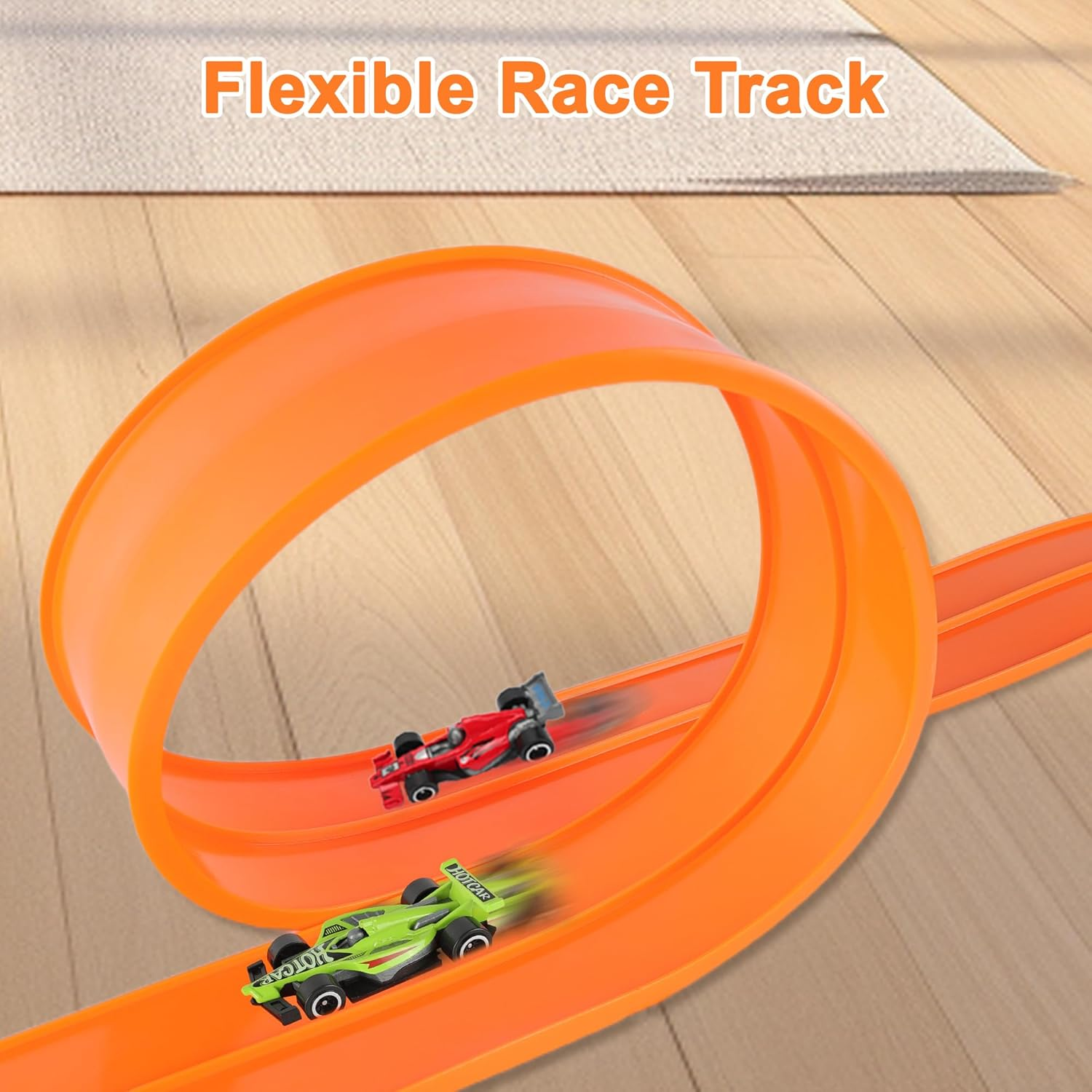 OMIPAWZ 15 Ft / 450 Cm Double Sided Flexible Race Track Set with 6 Toy Cars for Kids (Orange) image number 5