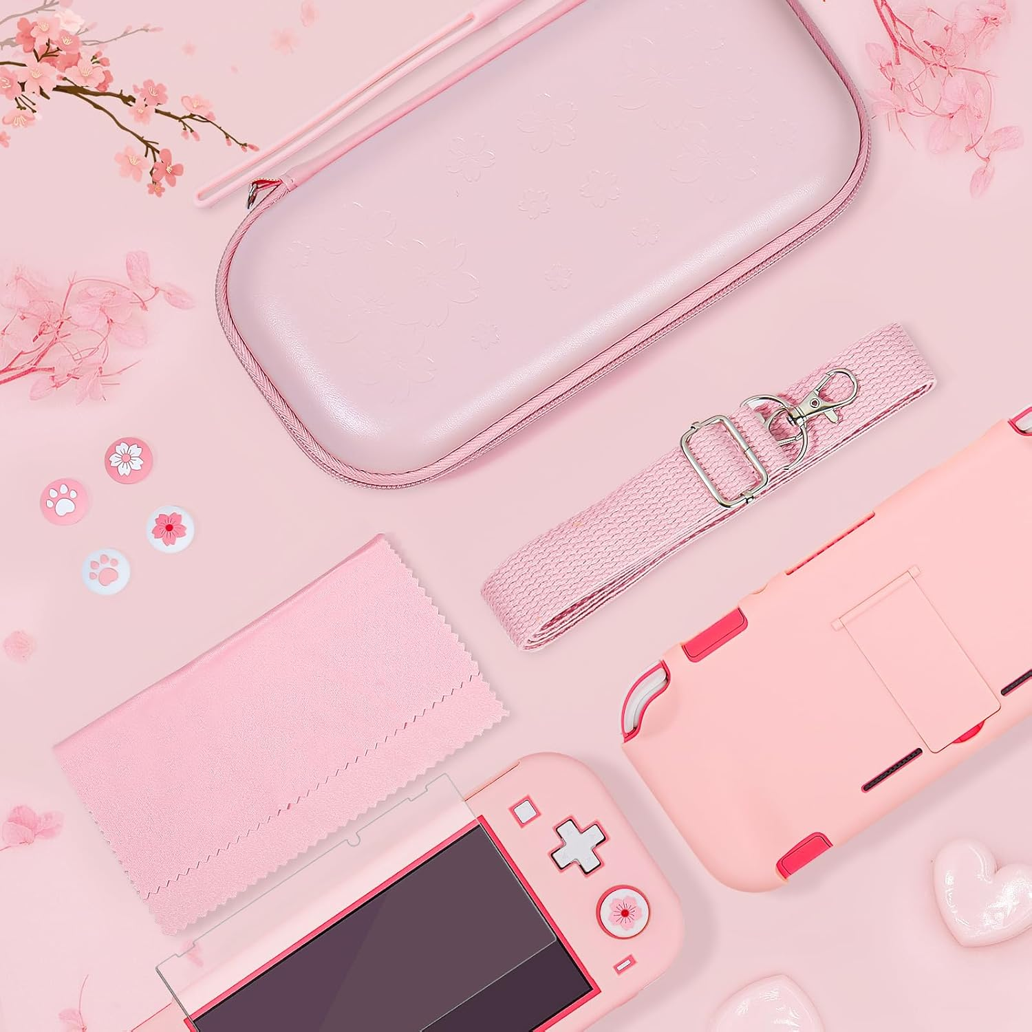 BRHE Pink Travel Carrying Case Accessories Kit for Nintendo Switch Lite, Hard Protective Cover Skin Shell with Stand, Glass Screen Protector, Sakura Thumb Grip Caps 9 in 1 image number 2