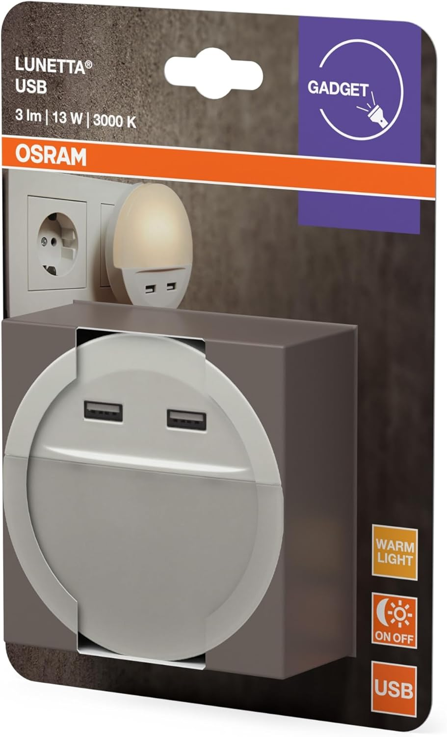 OSRAM Lunetta LED White Night Light with USB Output, Day Night Sensor, Integrated Mobile Phone Tray, Plug-In System, Warm White, IP20