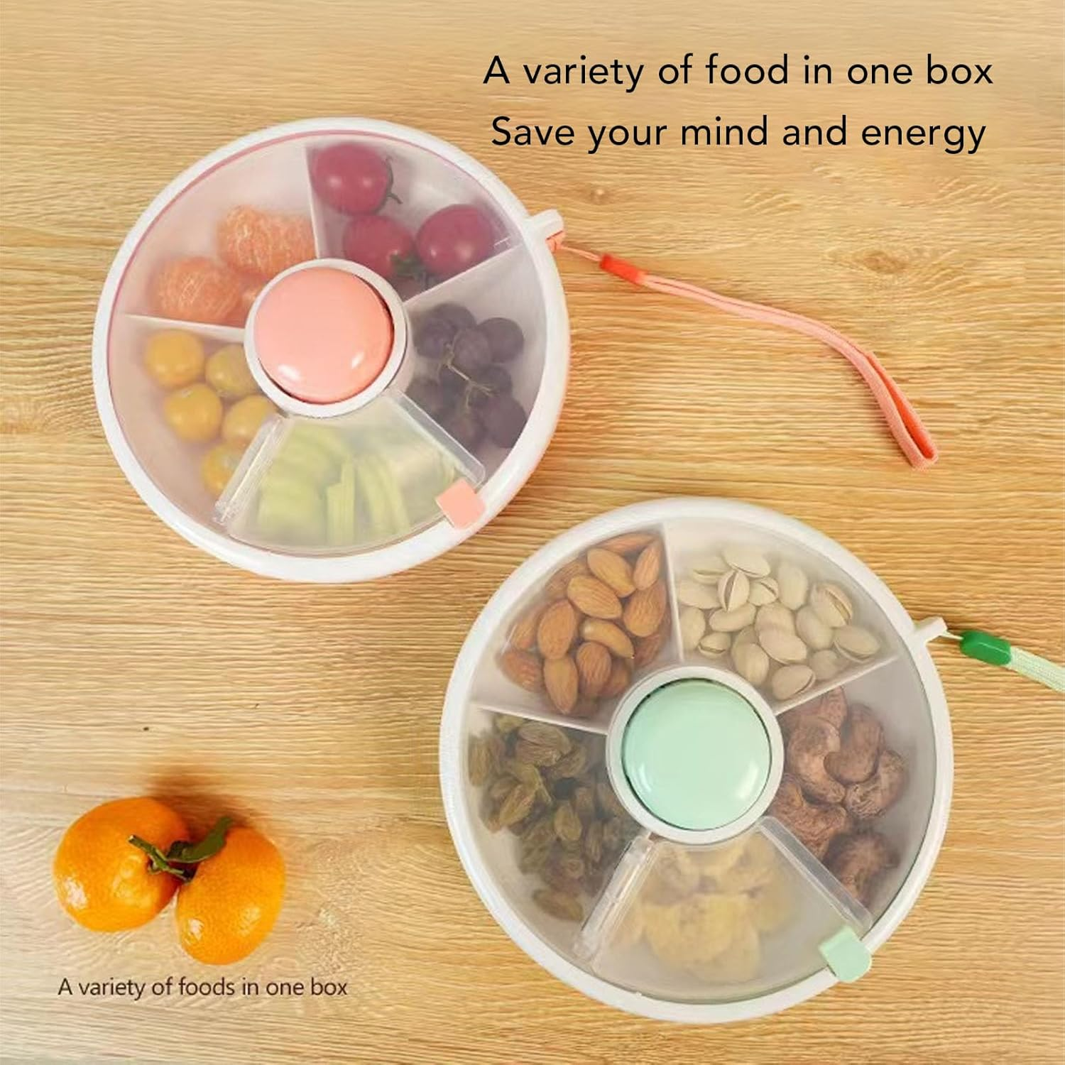 Rotating Kids Food Box, 360&deg; Rotating Snack Bundle, Reusable Snack Container with 5 Compartment Dispenser and Lid, No Spill, Leakproof, Dishwasher Safe, for Home, Travel (Green) - Roseate image number 2