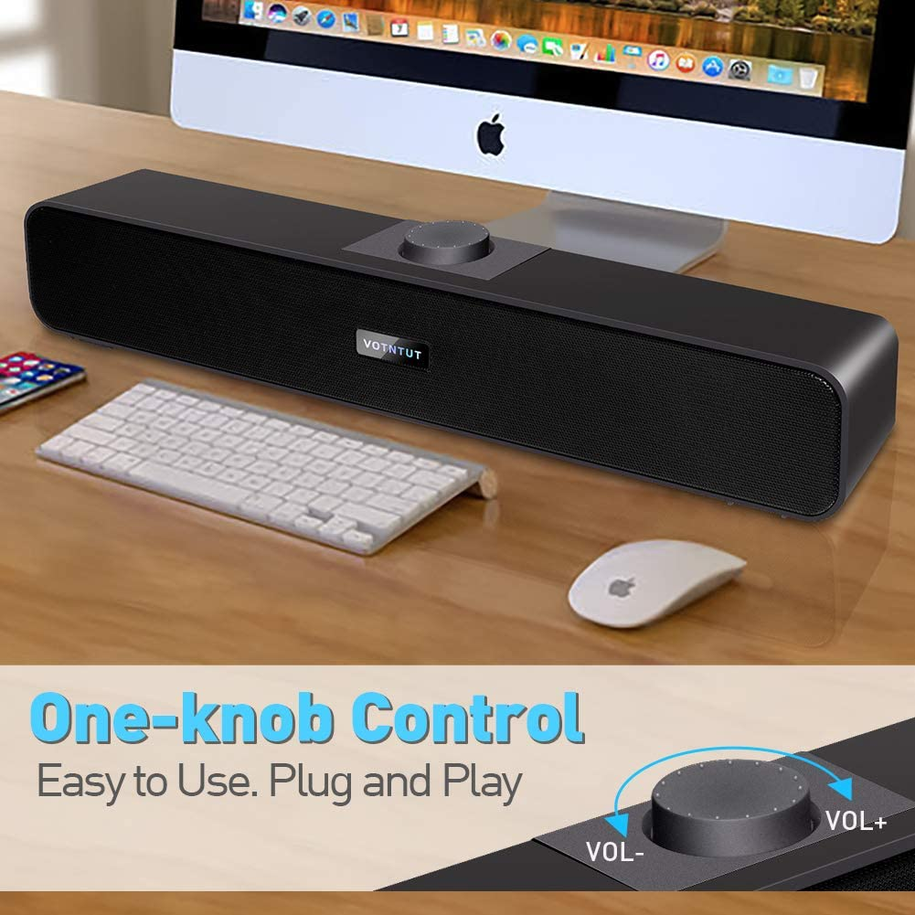 VOTNTUT Computer Speakers, Wired USB Mini Sound Bar Speaker for PC Tablets Laptop MP3 Mac Air/Pro (USB-C to USB Adapter Included) (Black) image number 5