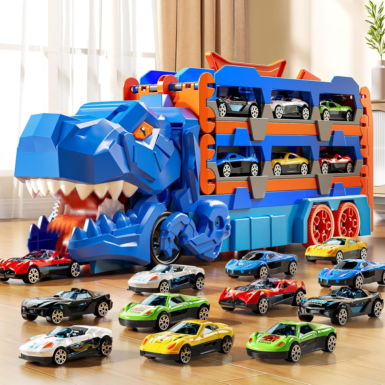 Dinosuar Truck Toy for Kids 3 4 5 6 Years Old - Dinosaur Cars Set, Toy Vehicle, Carrier Truck for Toddlers 3-4 Years, Race Track Set, Birthday Gifts Toys for Boys 3 4 5 6 7 8 Years Old image number 1