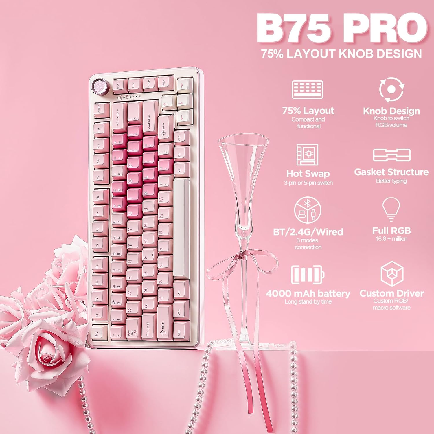 YUNZII B75 PRO Wireless Mechanical Keyboard,75% Gaming Keyboard Gasket Hot Swap Custom Keyboard with Knob,Pre-Lubed Switches Rgb,Bt/Type-C/2.4G Creamy Keyboard (Pink, Milk V2 Switch) image number 5