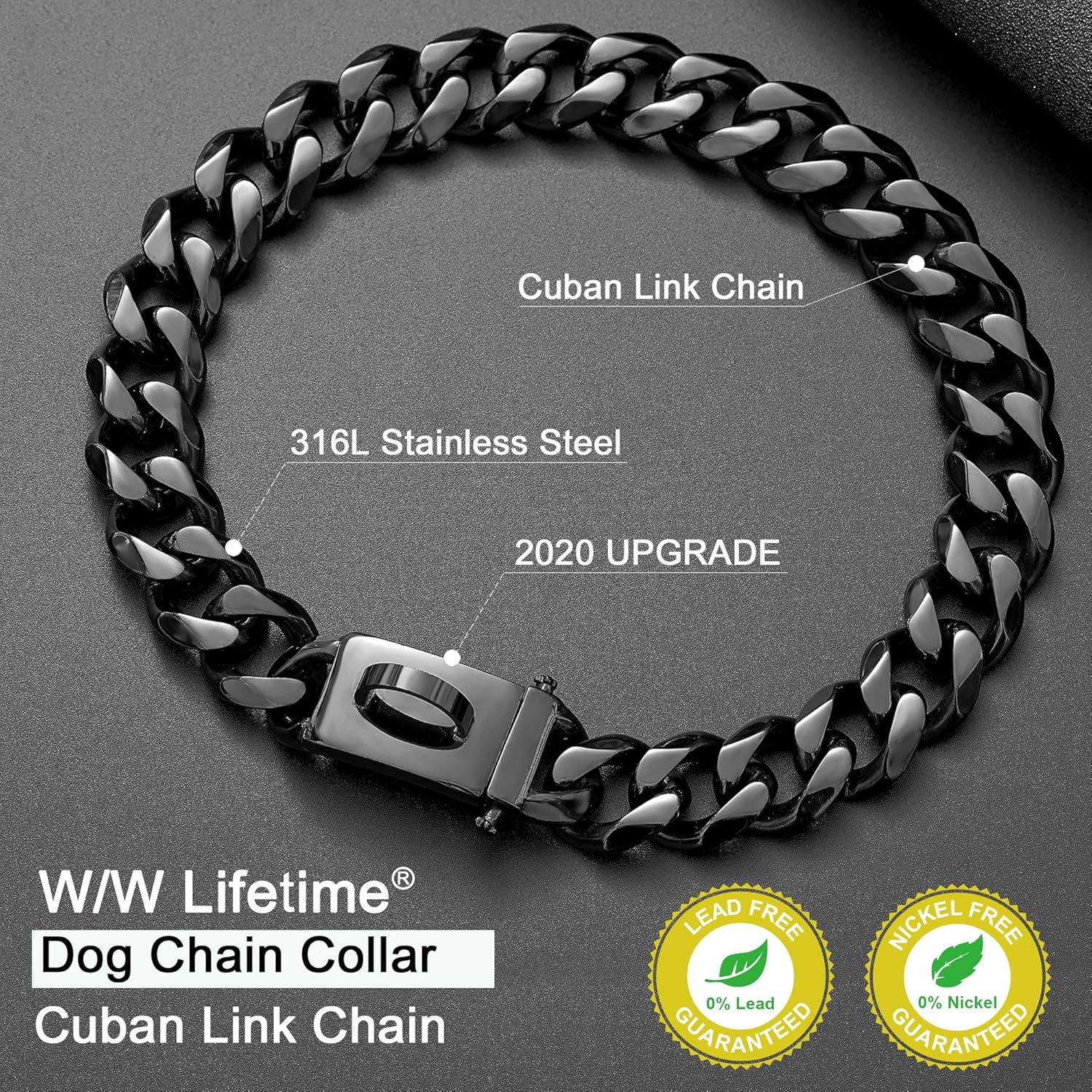 W/W Lifetime Dog Chain Collar Walking Collar with Design Secure Buckle 19MM Black Cuban Link Strong Heavy Duty Chew Proof Chain(19Mm, 10")
