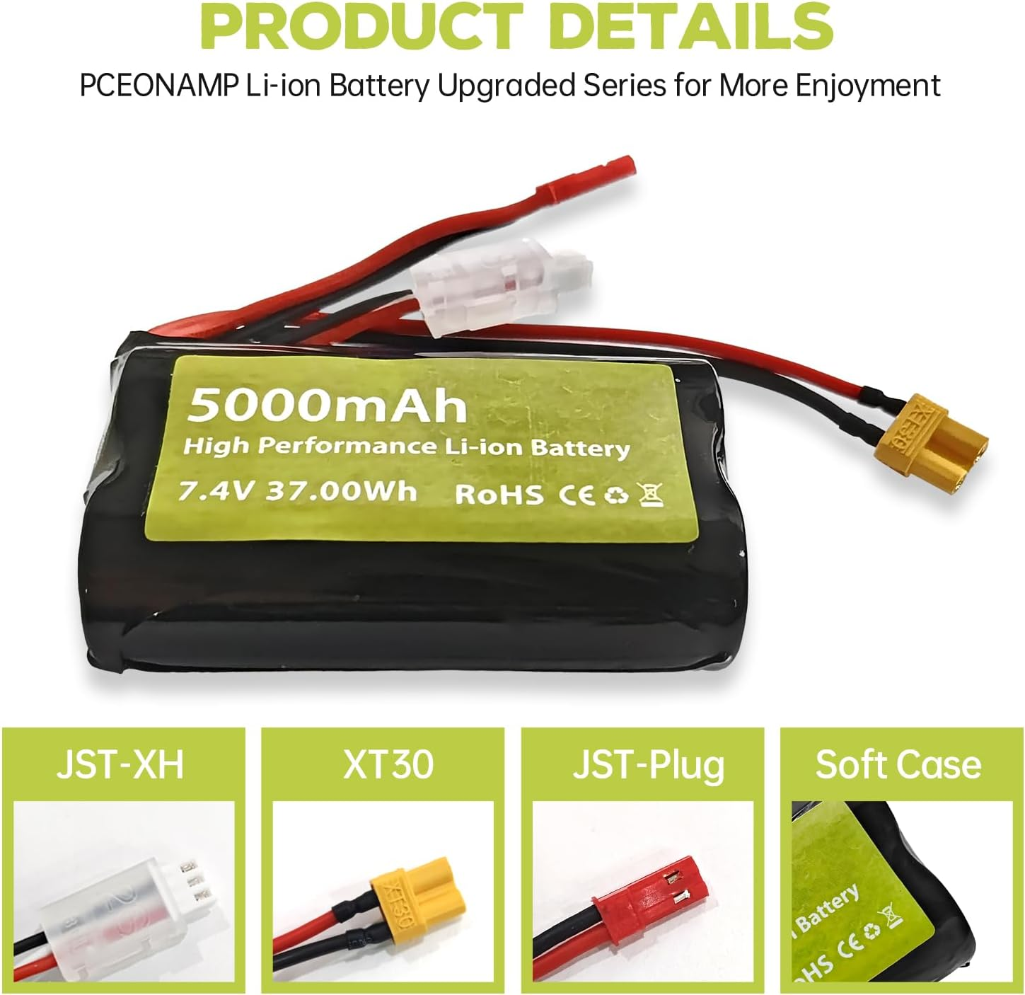 Fytoo 7.4V 5000Mah 2S Li Ion Battery with JST Plug and XT30 Plug with USB Charging Cable Suitable for TX16S, TX18S, RC4GS, RC6GS, TX12 RC Transmitter RC Car Truck Engineering Vehicle Battery image number 5