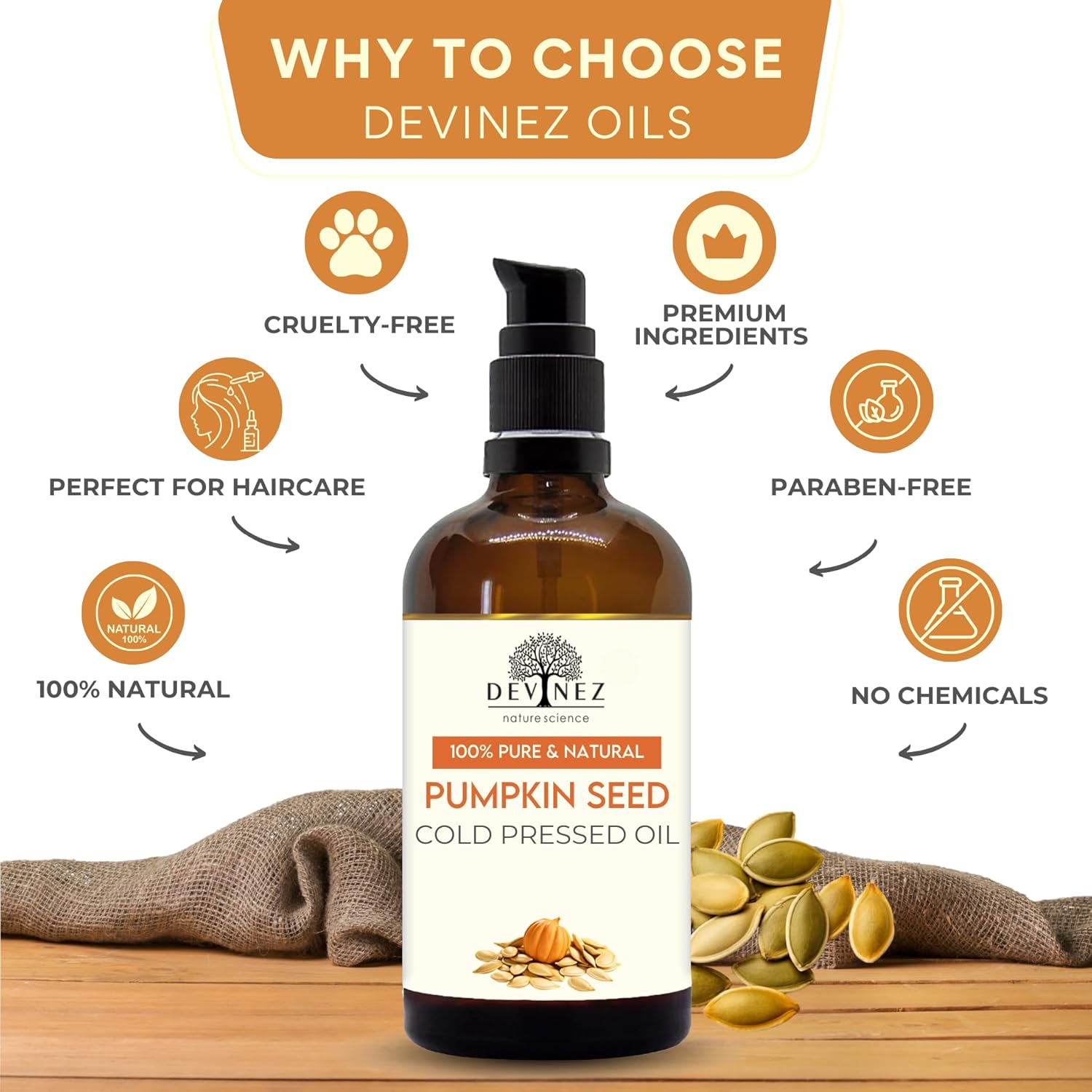 Devinez Pumpkin Seed Pure Cold Pressed Certified Oil, 50Ml - 100% Pure & Natural, Undiluted for Hair Loss, Younger Looking, Healthier Skin & Natural Remedies image number 5