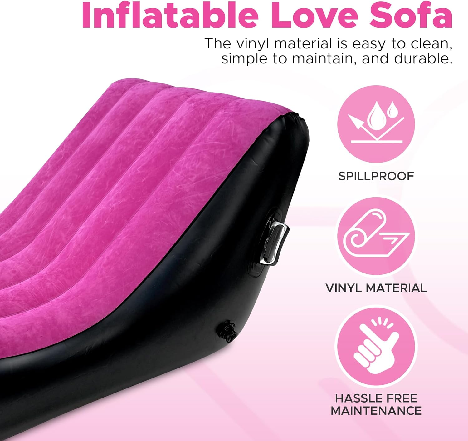 Pink Inflatable Love Sofa with Handles | Body Positioning for a Deeper and More Intimate Connection | Furniture for Couples | PVC and Cotton Flock Material | 140Cm X 70Cm X 36Cm - Black image number 5