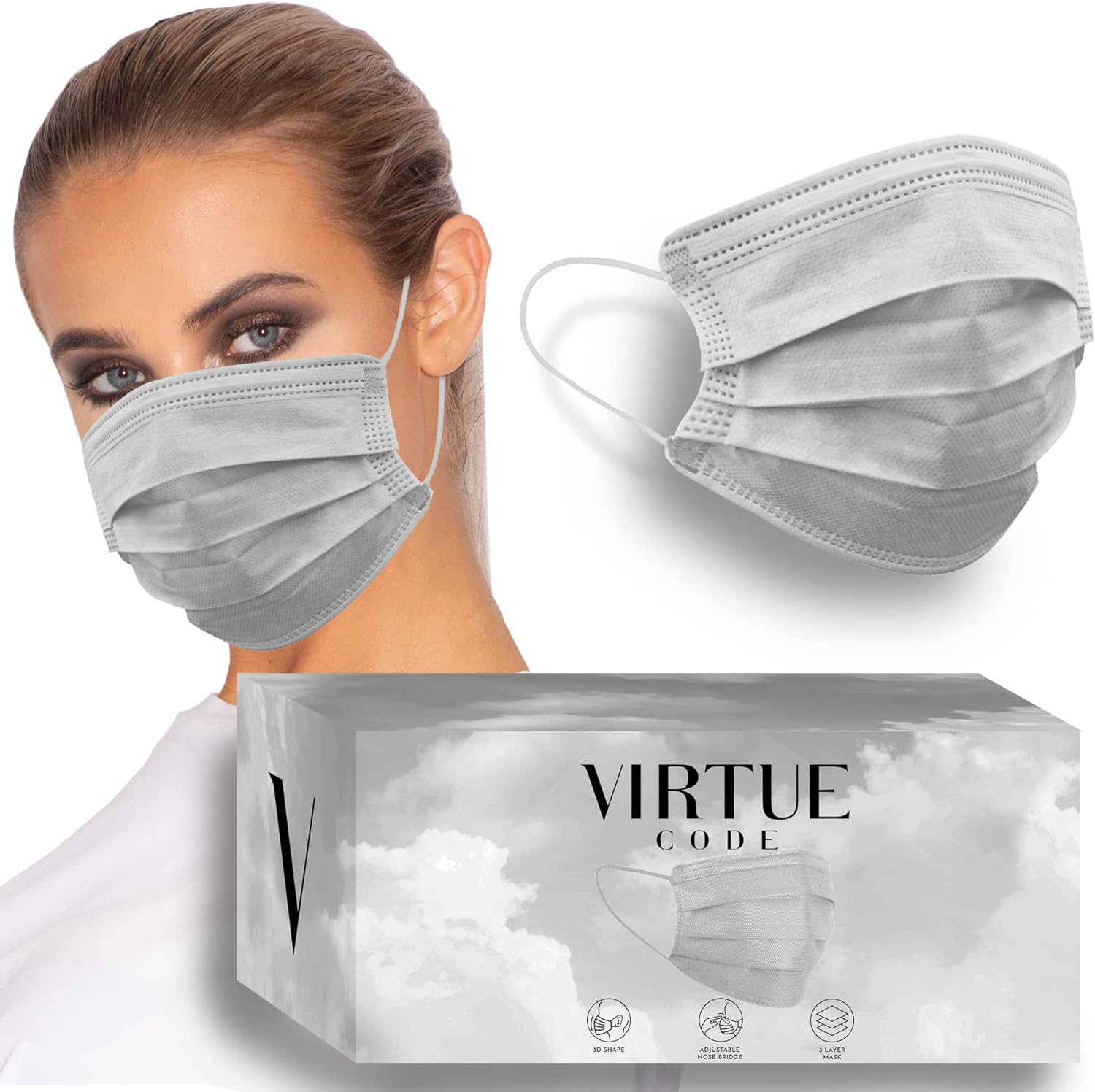 VIRTUE CODE 50 Disposable Face Masks for Men and Women. Face Mask with Elastic Ear Loops