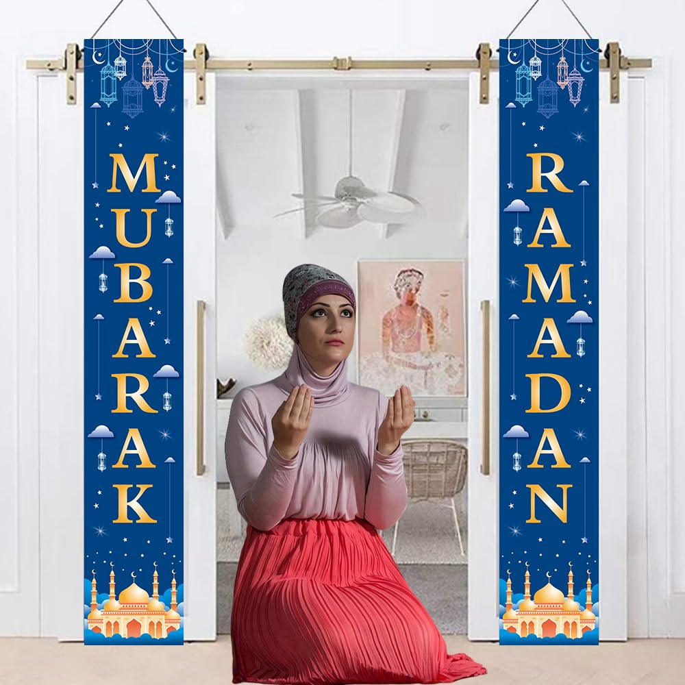 Blue Ramadan Mubarak Banner Eid Mubarak Door Sign Hanging Banners Decoration Set for Ramadan Themed Party Indoor and Outdoor Party Supplies Decorations(70.8X 43.3In） image number 4
