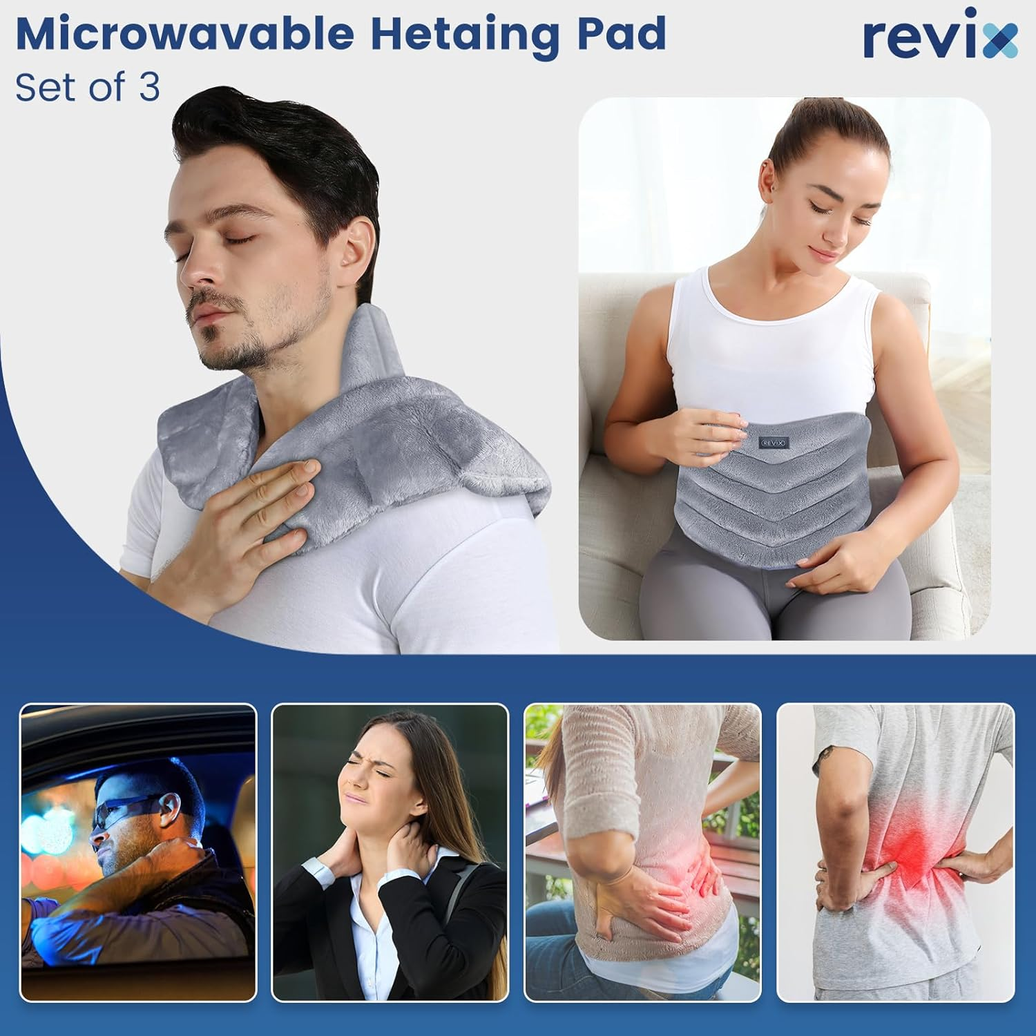 REVIX Microwave Heating Pad for Neck and Shoulders Lower Back Pain Relief, Warm Compress Heated Back Wrap with Weighted Plush, Hot Eye Mask for Migraine Stress, Set of 3 image number 4