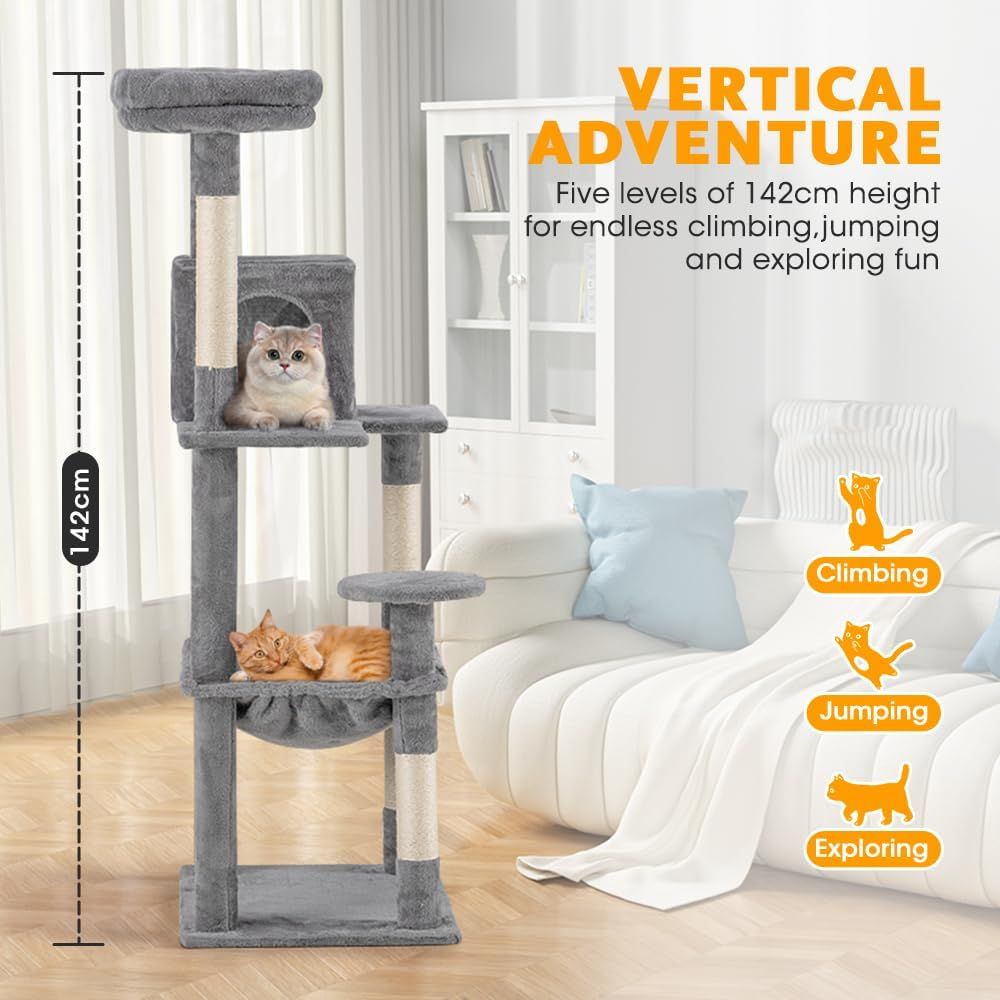Cat Tree Tower, 142CM Multi-Level Cat Tower for Large Cats, Kitten Furniture Activity Center with Cozy Hammock, Condo, and 4 Sisal Scratching Posts, Gray image number 1