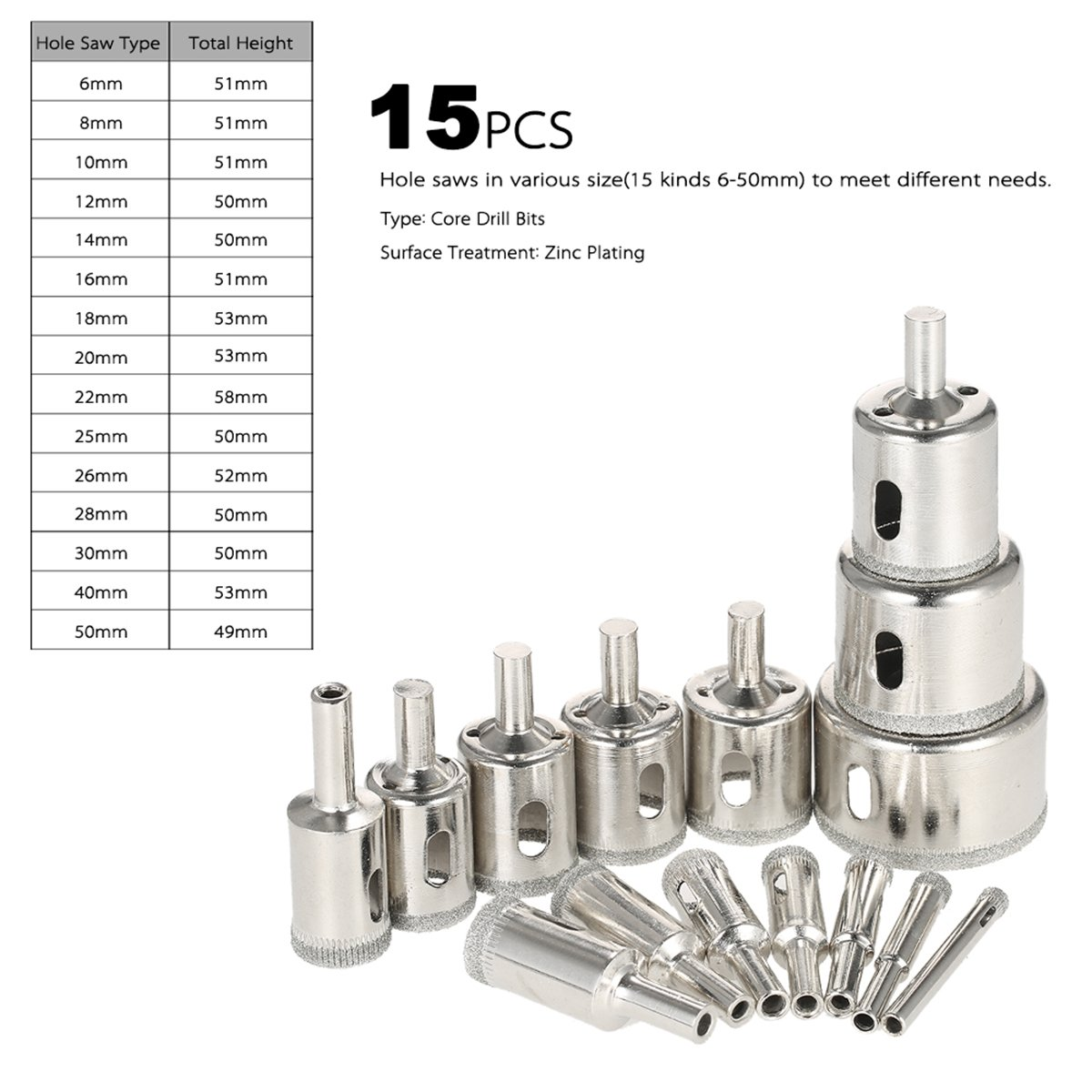Diamond Drill Bits, 15 PCS Hollow Core Drill Bit Set for Ceramic, Glass, Porcelain Tile Diamond Hole Saw Tile Set Glass Drill Bit, 1/4 to 2 Inch