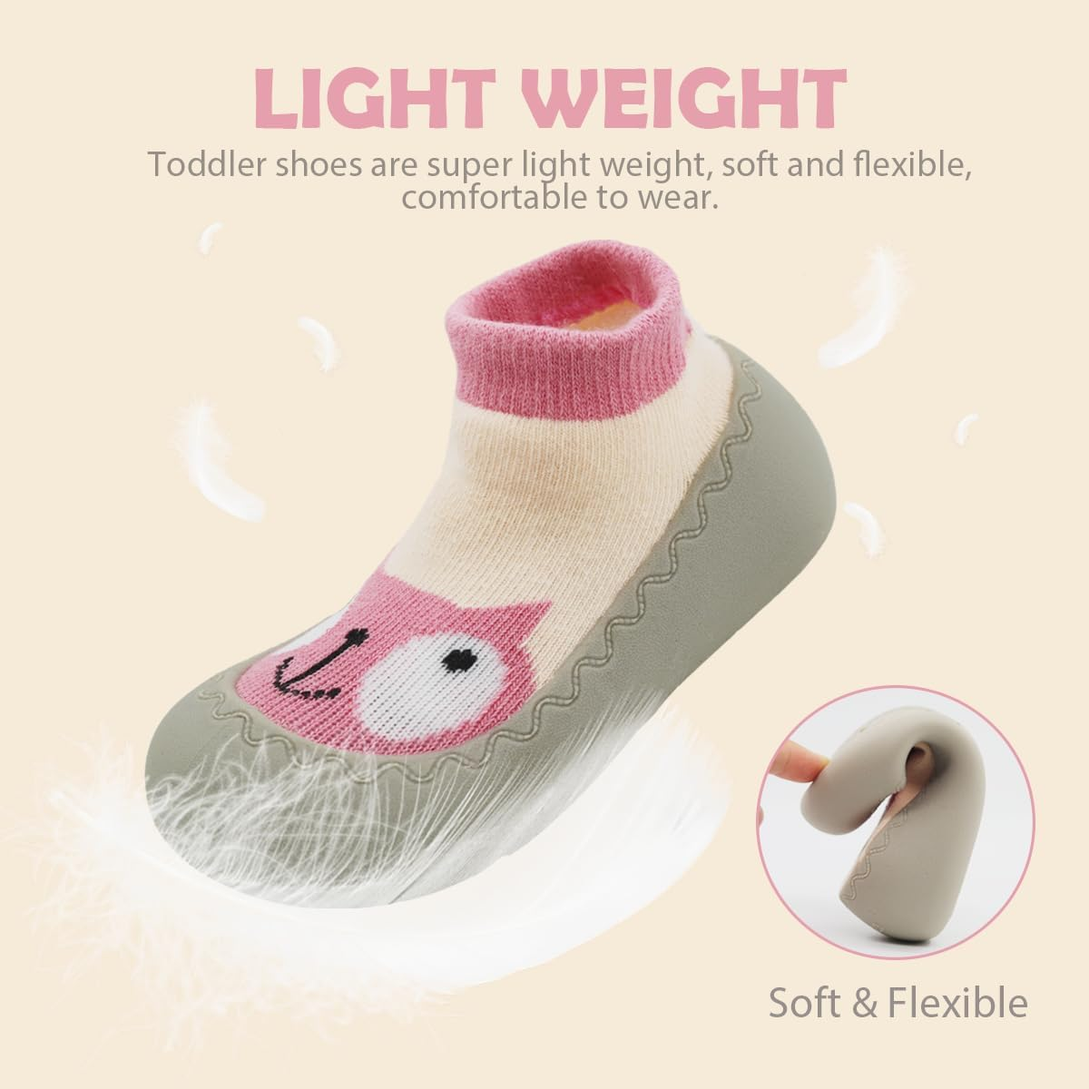 Non-Slip Baby Toddler Sock Shoes, Ultra-Lightweight Cotton Baby First Walking Shoes Slipper Shoes with Soft Rubber Sole Unisex Non-Skid Indoor Outdoor Floor Slipper Kid Girls Boys Socks Boots image number 4