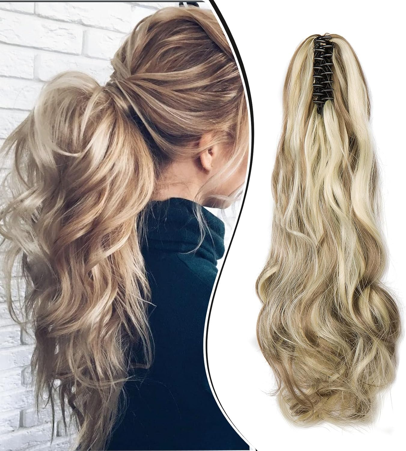 Dcbaboo Claw Clip in Ponytail Hair Extensions Long Wavy 18Inch Ponytail Extension Curly Wave Synthetic Jaw on Pony Tails Natural Hairpiece Fake Ponytail for Women, Medium Brown