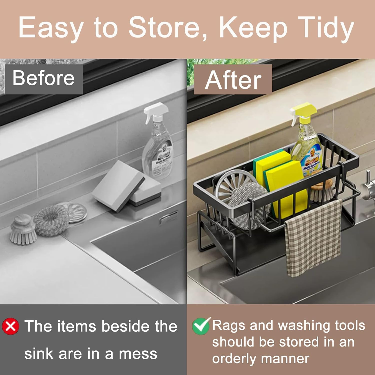 Merrynine Kitchen Sink Caddy Organizer with Brush Holder, Rustproof Stainless Steel Sponge Holder for Kitchen Sink with Self Draining Tray, Dish Soap Scrubber Brush Dishcloth Holder, Black image number 1