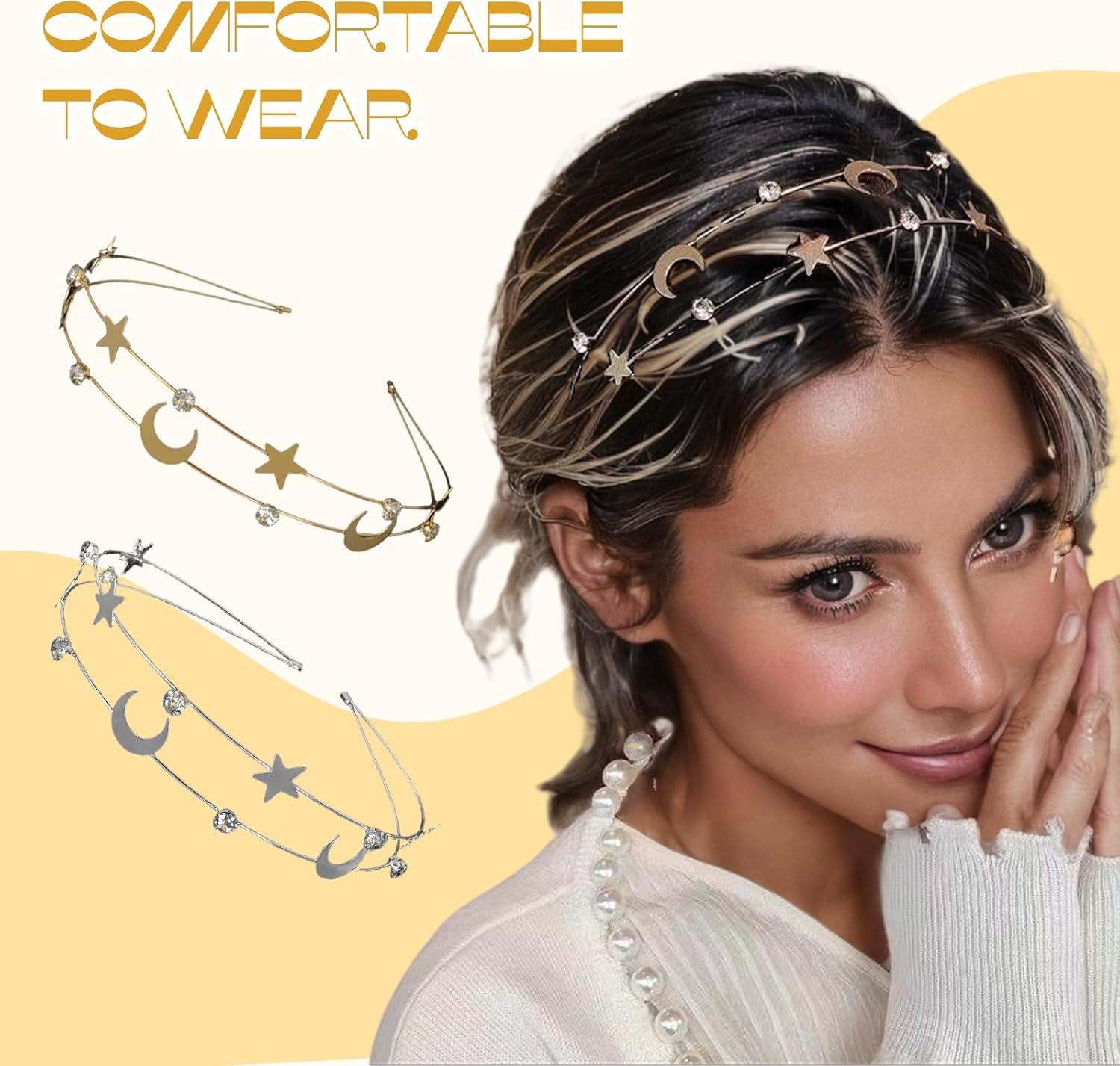 TELAIN Women'S Star Headband Set of 2 in Gold and Silver with Rhinestones, Comfortable and Durable, for Festivals and Everyday Use image number 4