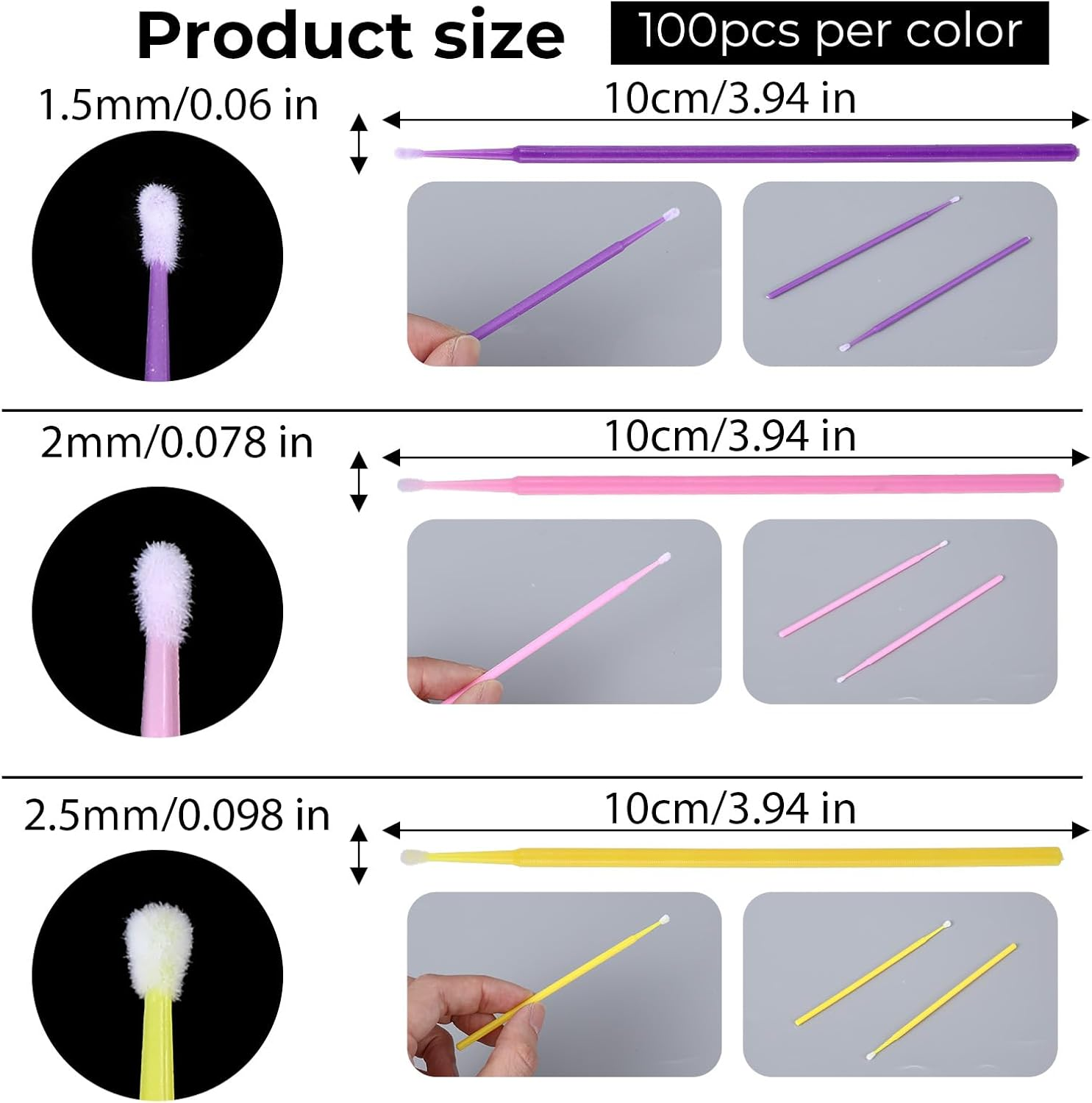 300Pcs Micro Applicator Brush,Touch up Paint Brushes for Automotive Paint Chip Repair Disposable,3 Different Sizes of Touch up Brushes 1.5Mm,2Mm,2.5Mm (Yellow Pink Purple)
