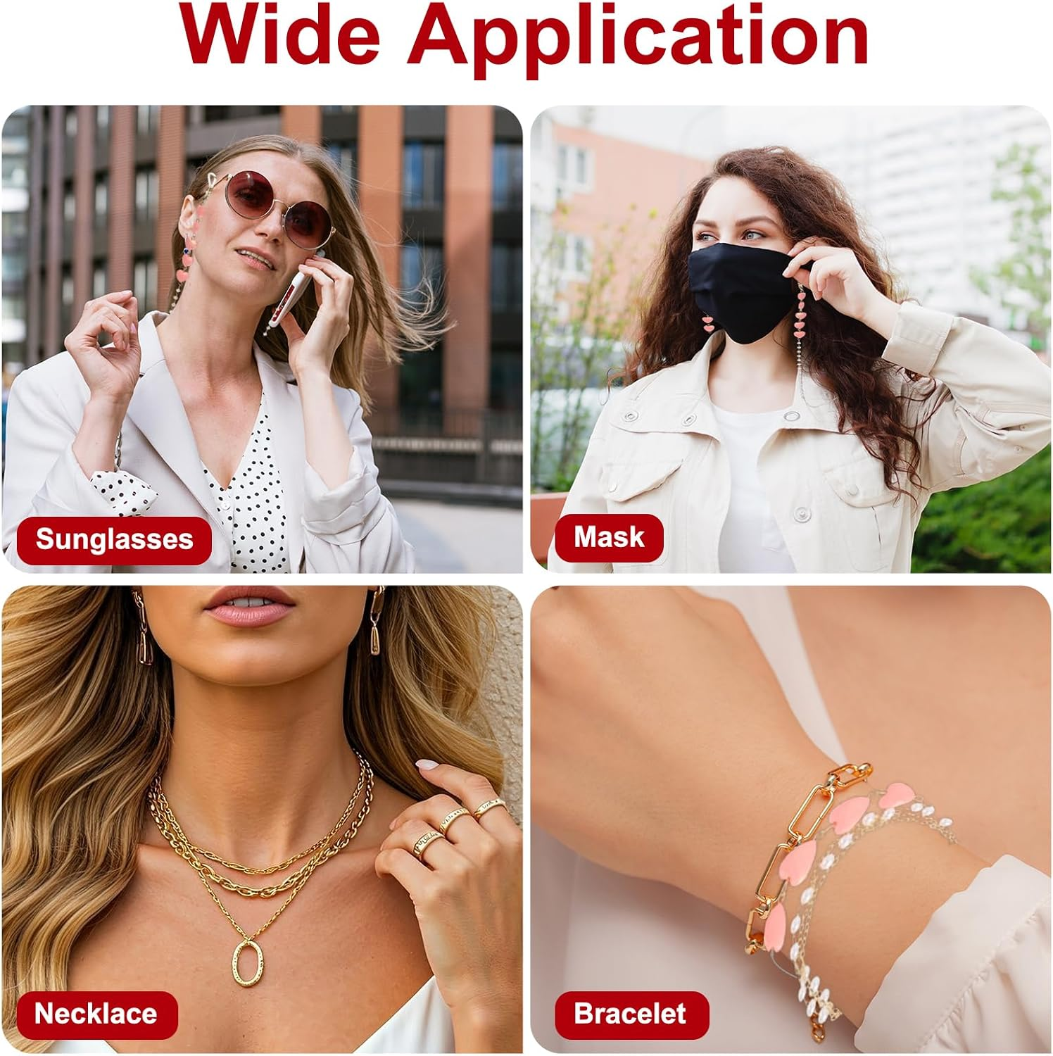 Uxcell Beads Eyeglass Chain, Pearl Glasses Strap Eyewear Retainer Chain around Neck Sunglass Holder for Girls Women, Pink Heart image number 5