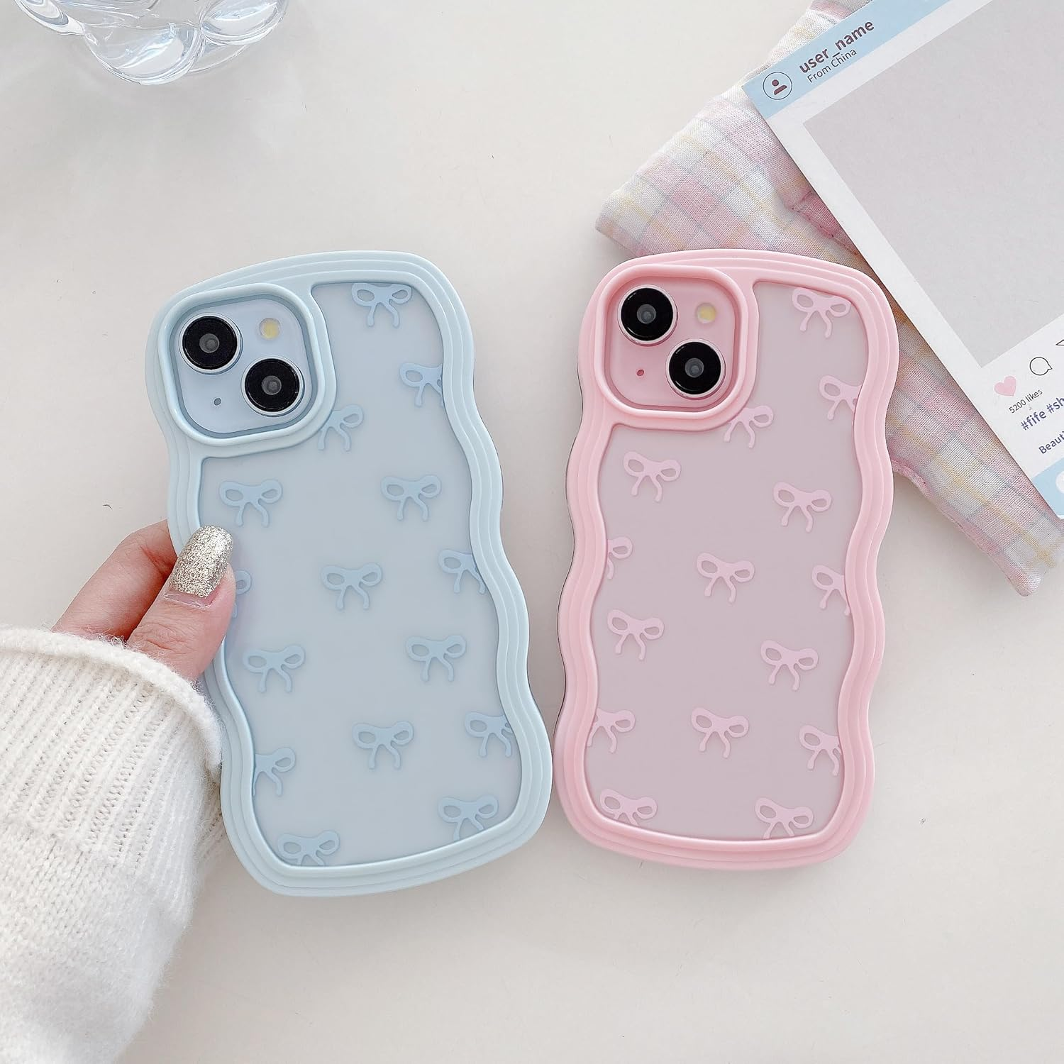 QLTYPRI Bow Case for Iphone 13/Iphone 14, Clear Cute Ribbon Bow Phone Case Curly Wavy Aesthetic Phone Case, Slim Soft Transparent Shockproof Protective Cover for Women Girls - White