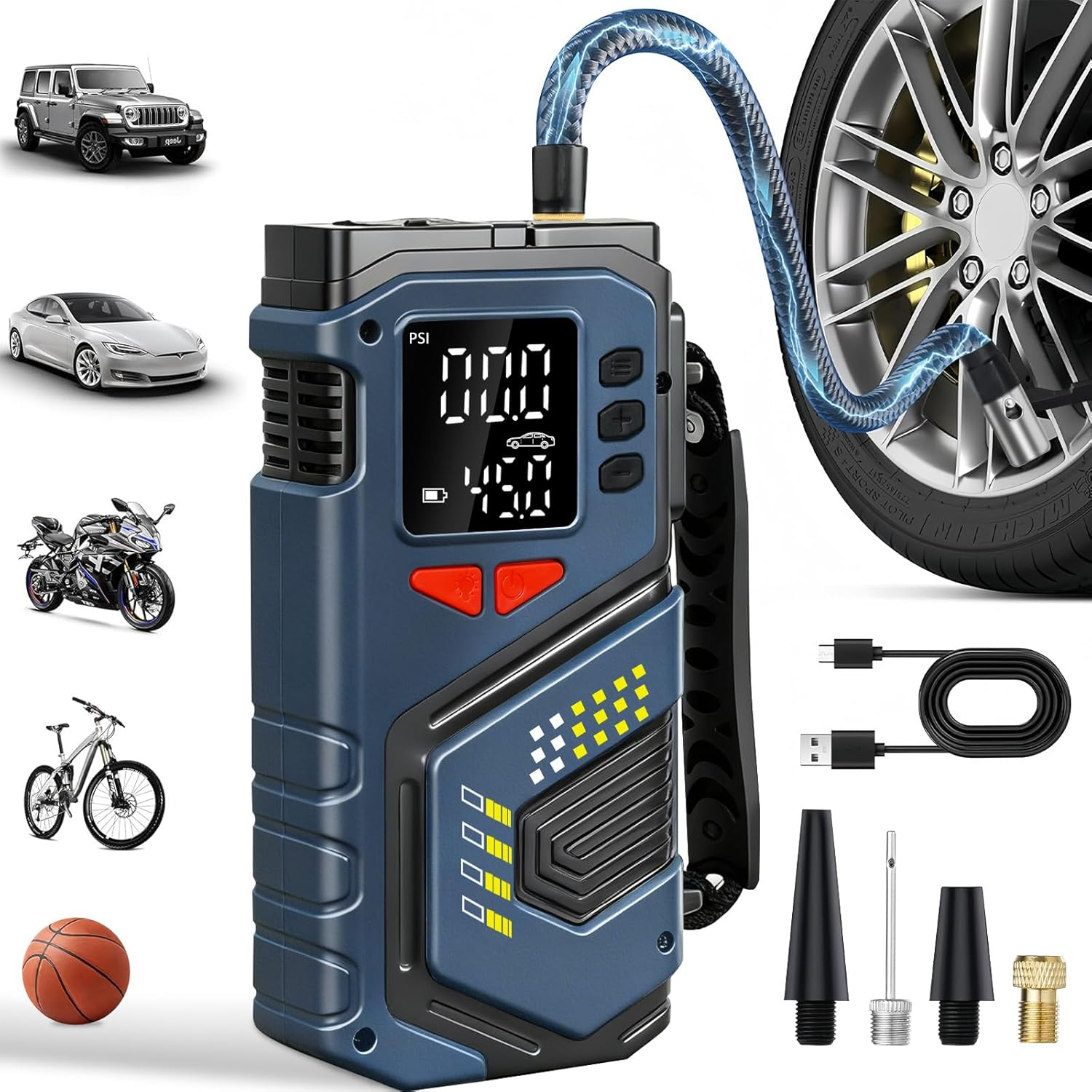 Car Tyre Inflator Air Compressor, Portable Air Pump with Digital Pressure Gauge & LED Light, 150PSI Electric Tyre Pump with Auto Shutoff for Car, Motorcycle, Bike, Ball image number 4
