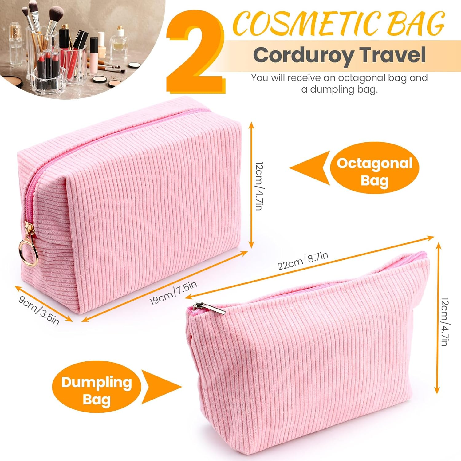 Huakaile 2 Pieces Corduroy Makeup Bag Set, Small Cosmetic Pouch Case with Zipper, Cute Travel Toiletry Bag Organizer for Girls Women Gifts Purse Storage (Pink) image number 1