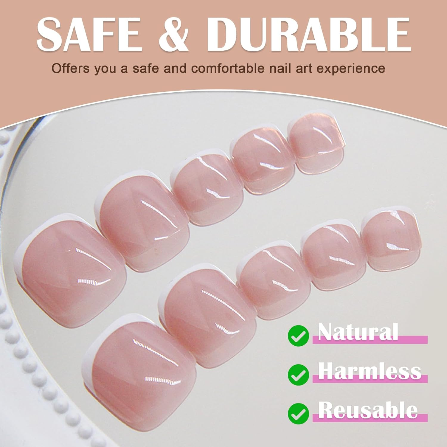 Jotia 24Pcs Press on Toenails, White Edge Pink False Toenails Classic White French Tip Fake Toe Nails Covers with a Glossy Finish