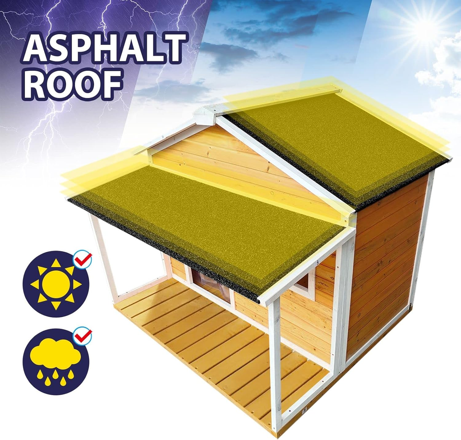 Wooden Dog House Kennel Raised Puppy Pet Shelter Home Outdoor inside with Porch Window Door Asphalt Roof XL image number 6