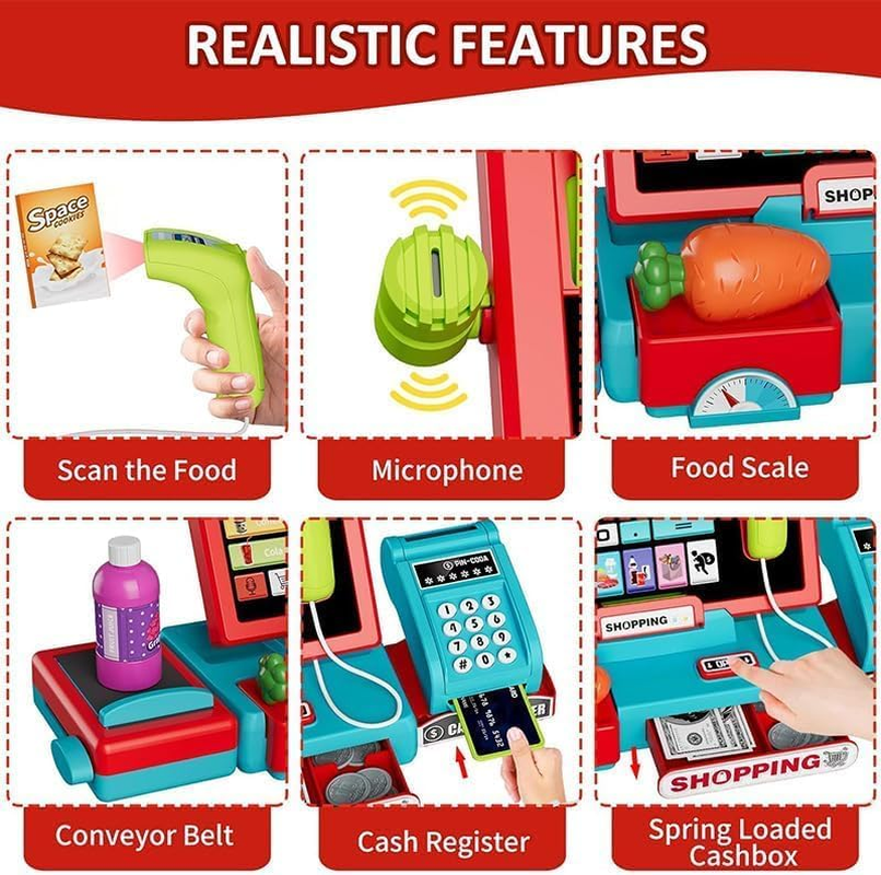 HUAJUN Children'S Electronic Cash Register Toy, Lighting and Sound Shopping Cashier Pretend Game Store, with Calculator/Scanner/Credit Card/Game Currency/Weighing Table, for Toddler Boy Girl image number 5