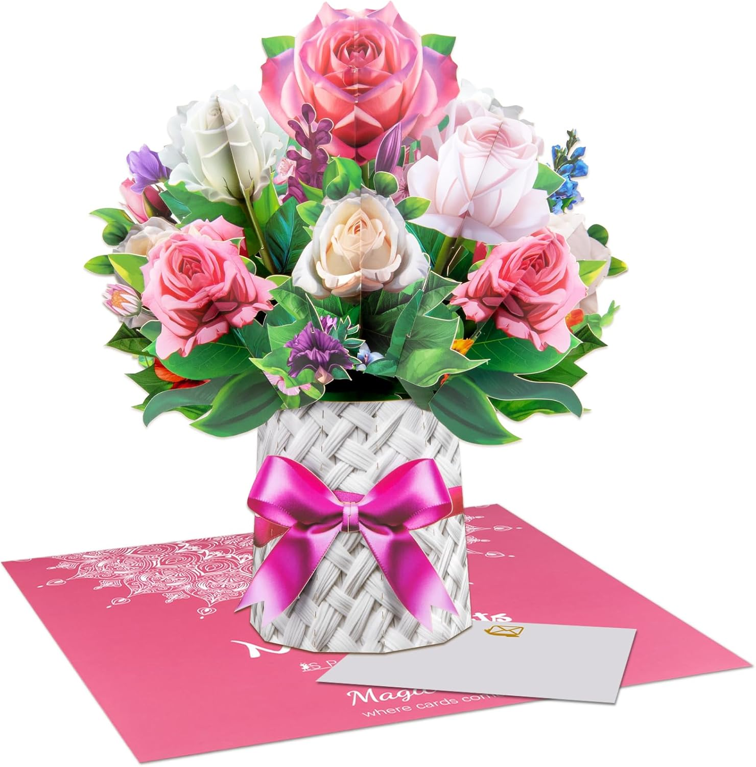 3D Pop-Up Pink & White Rose Bouquet Card Elegant Floral Card for Mother&rsquo;S Day Birthday Anniversary Valentines Thank You Retirement Get Well Thinking of You &ndash; Includes Envelopes & Blank Note Card image number 3