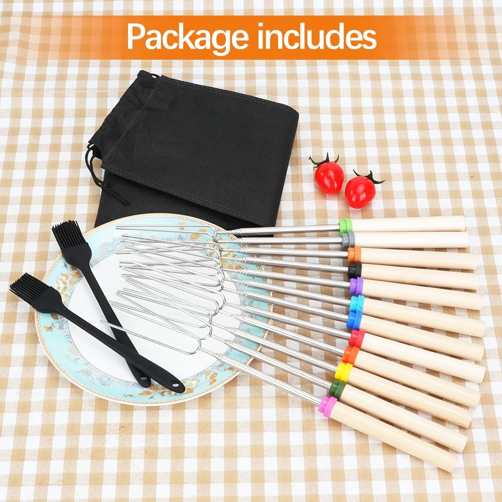 12 Pcs Marshmallow Roasting Sticks, Fire Pit Long Smores Kit 32 Inch, Metal Smores Sticks & Hot Dog Forks Skewers with Wooden Handle for Campfire Camping BBQ Cooking Bonfire Accessories image number 6