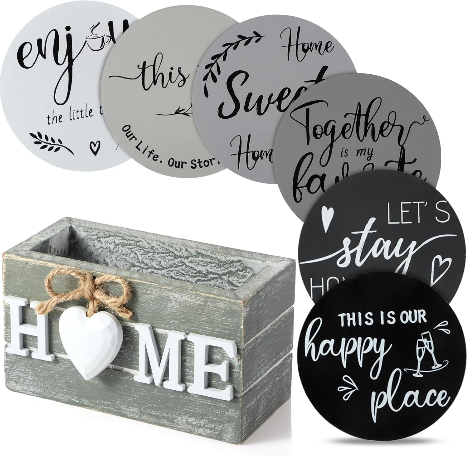 Queekay Housewarming Gifts for Home Decoration Wooden Heart Coasters Drinks Set of 6 Farmhouse with Holder Funny Family Friend Coffee Table Protection, 4 Inch (Brown) (Bd-Queekay-272681)