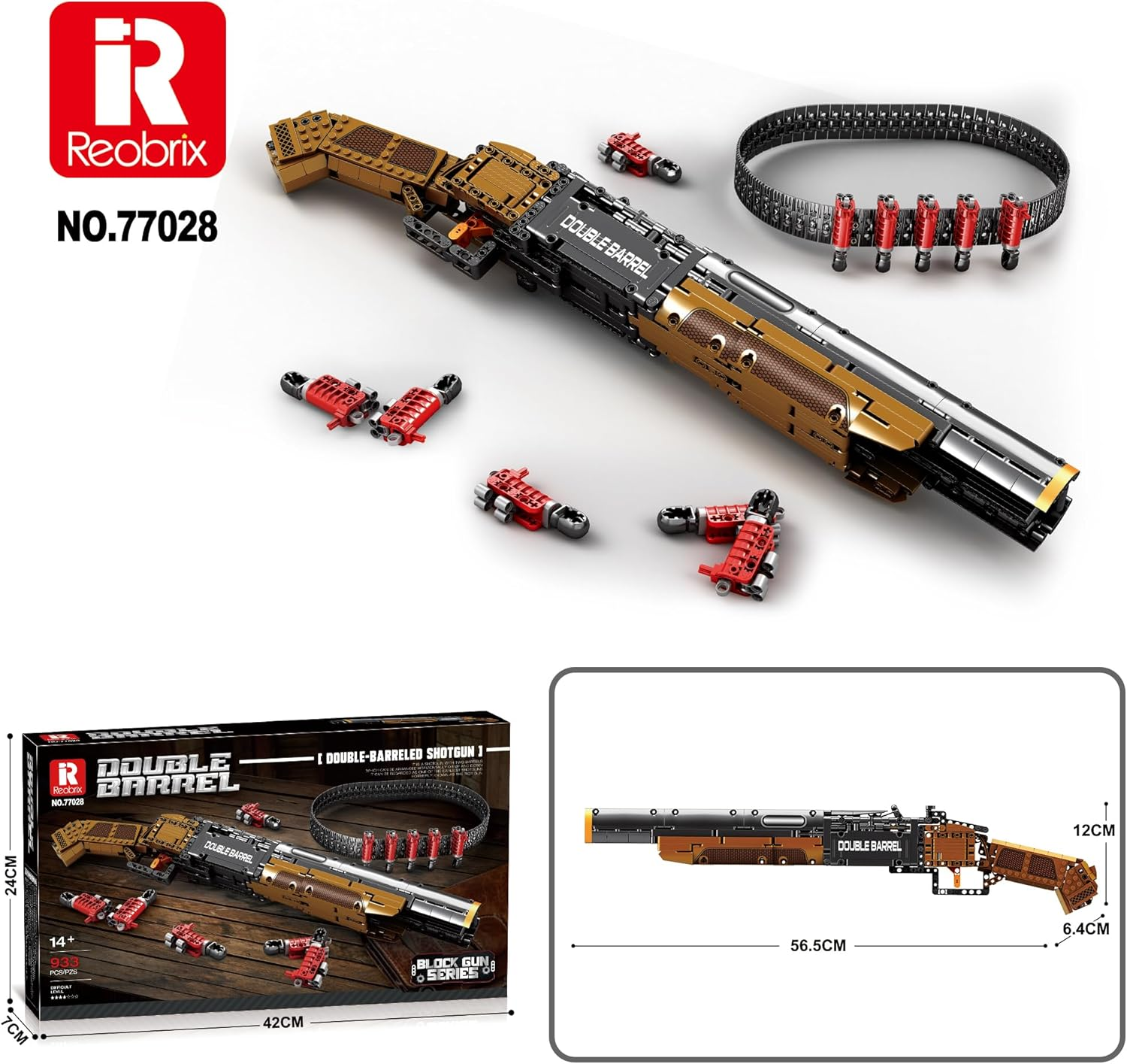 Reobrix 77028 Gun Building Blocks Set, Double Barrel Shotgun Toy Model Kit, Military Weapon Building Toy for 12+, 933 Pieces image number 2