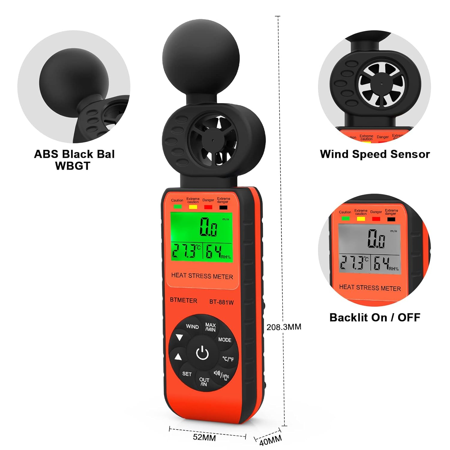 BTMETER BT-881W Heat Stress Meter Anemometer, Digital Indoor/Outdoor WBGT (Wet Bulb Globe Temperature) Meter with Wind Speed, Ambient Temp, Humidity Tester image number 5