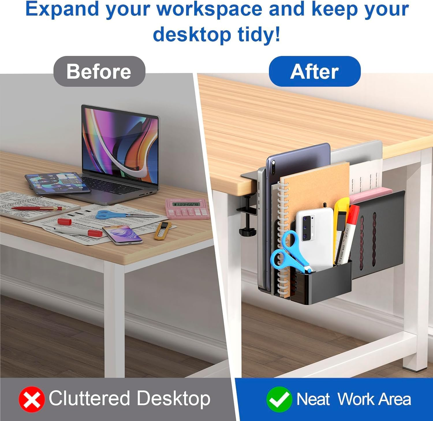 Desk Side Storage, 2 Tier Steel Hanging Desk Organizer with Magnetic Pen Holder, No Drilling Standing Desk Drawer Cable Management Tray, under Desk Laptop Holder for Office, School, Home (Black) image number 4