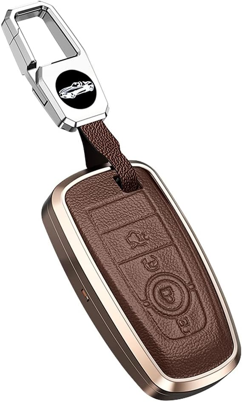 Ontto Alu Alloy Car Key Fob Cover Keyring Fit for Ford Fusion Mustang Explorer F150 F250 F350 Ranger Mondeo Leather Remote Key Case Key Holder Keychain Accessories 3 Buttons Black