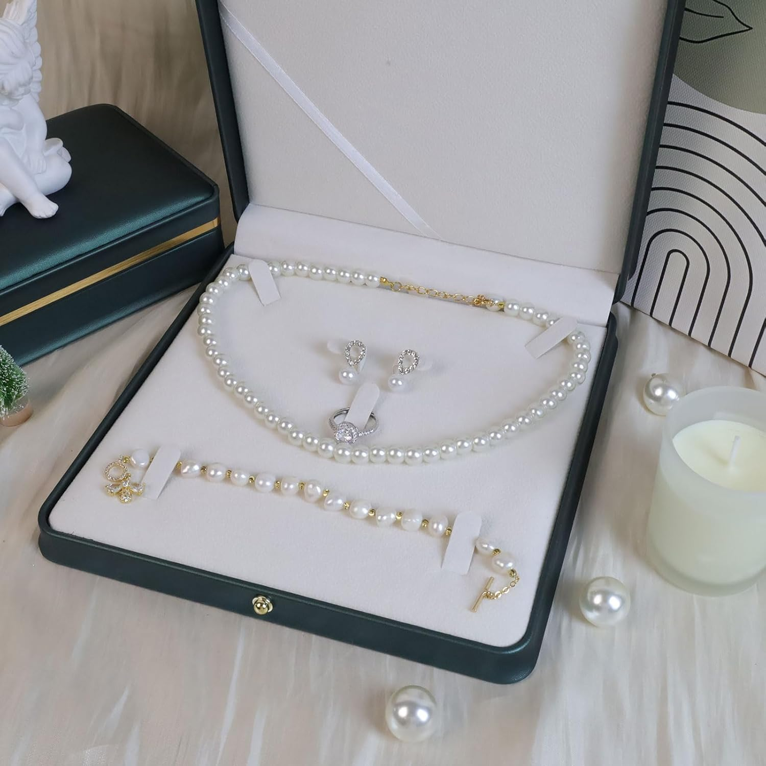 MY MIRONEY Big PU Leather Wedding Jewelry Sets Box Blackish Green Necklace Earring Ring Display Case Bracelet Storage Holder Jewelry Box Storage Organizer (7.48" X 7.48" X 1.57") image number 4