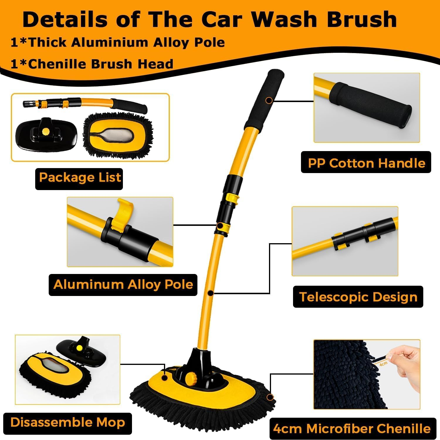 15&deg; Curved Car Cleaning Brush Car Wash Brush with Telescopic 43" Aluminum Alloy Handle for Soft Chenille Head Wash Mop for Scratch Free Cleaning of Caravans, Vans, Trucks, Boats, RV Roofs