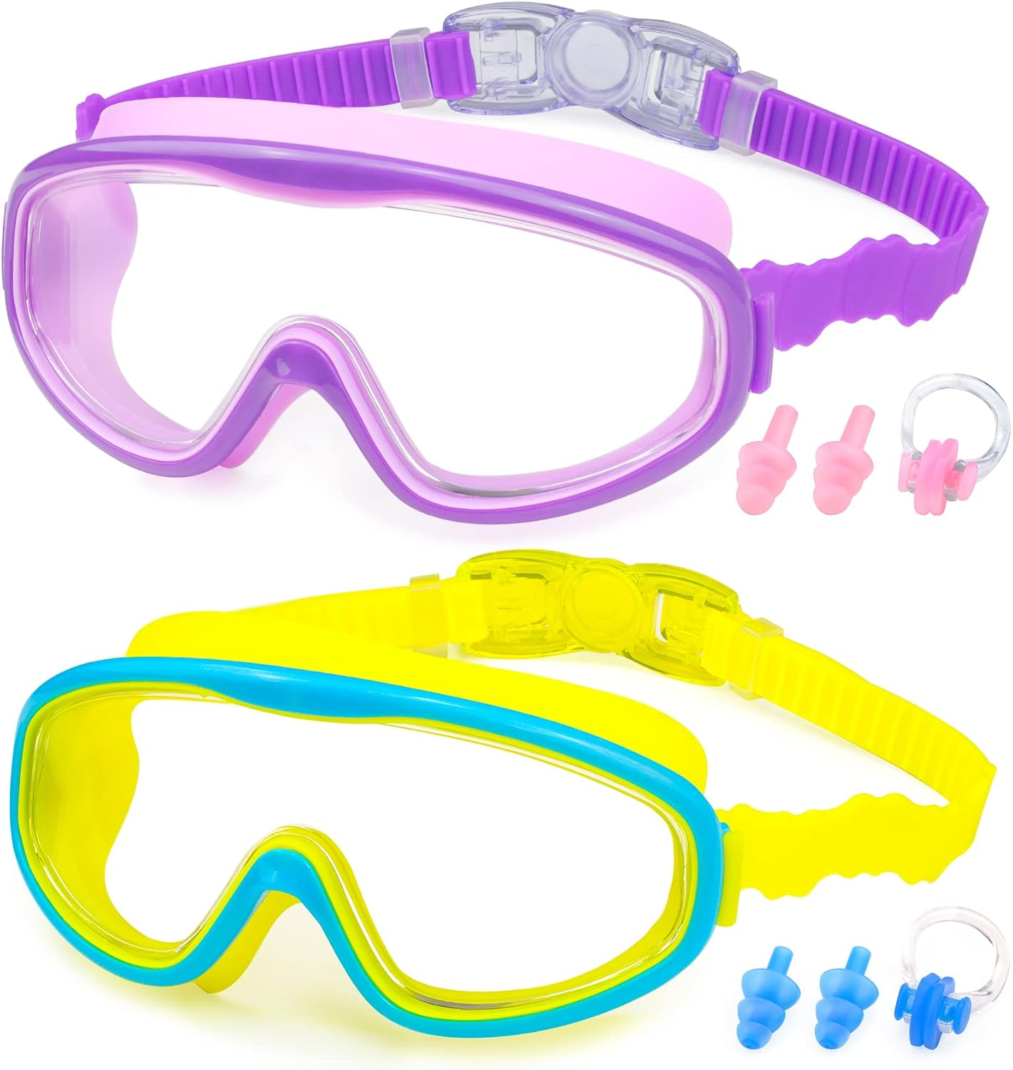 KAILIMENG Kids Swim Goggles, No Leak, Anti-Fog, UV Protection, Adjustable and Comfortable Swimming Glasses for Children and Early Teens, Crystal Clear Siamese Lens with Nose Clips and Earplugs