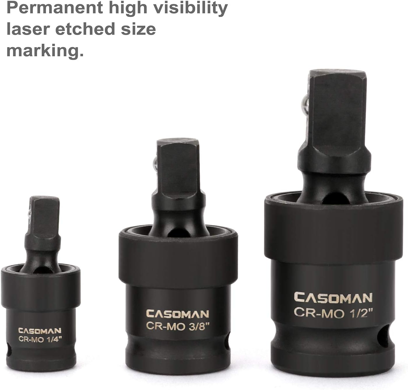 CASOMAN 3-Piece Impact Universal Joint Set - 1/4", 3/8" and 1/2" Drive, CR-MO, Impact Grade, U-Joint Sockets Swivel image number 6