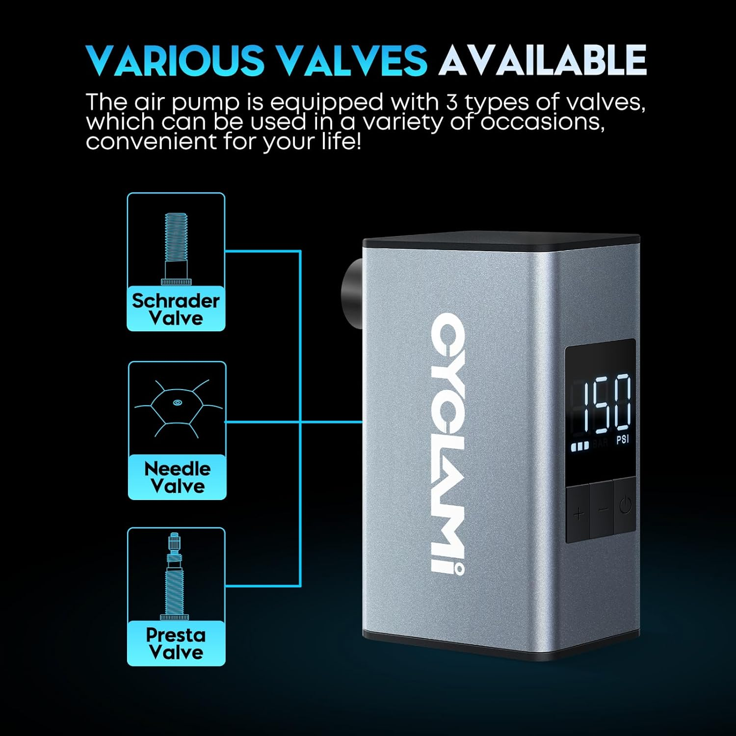 Mini Bike Tire Pump with Gauge, CYCLAMI 150PSI Electric Bicycle Air Pump, Auto Stop, Presta and Schrader Valve Aluminium for All Bike, Type-C Rechargeable Battery image number 5