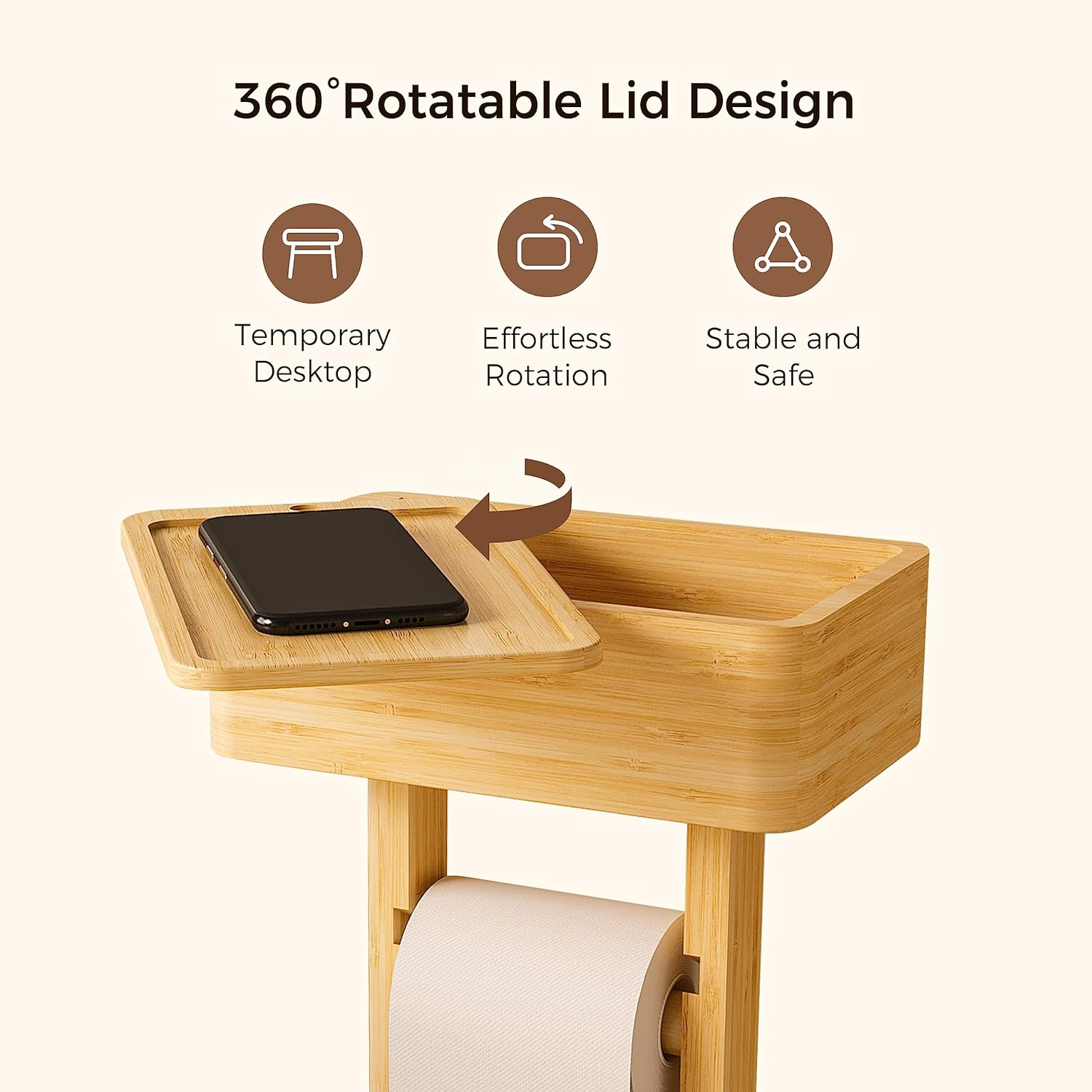 Wealone 4-In-1 Toilet Paper Holder Stand with Storage Shelf Box, 360&deg; Rotating Bamboo Free Standing Toilet Tissue Roll, Toilet Wipes Dispenser Organizer Desktop for Bathroom Decor (Patented) image number 1