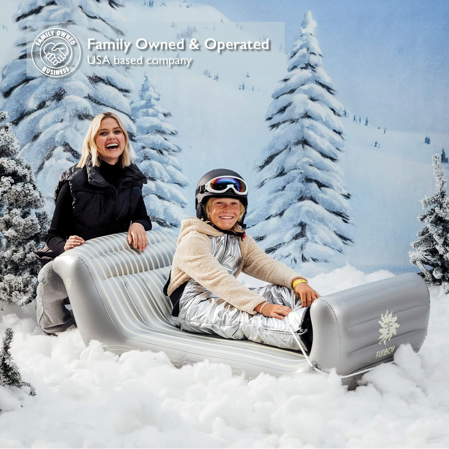 FUNBOY Inflatable Sleigh - Two Person Capacity Winter Snow Sled with Handles, Pull Rope, Rubber Base Tracks, Silver, Single - Retro image number 2