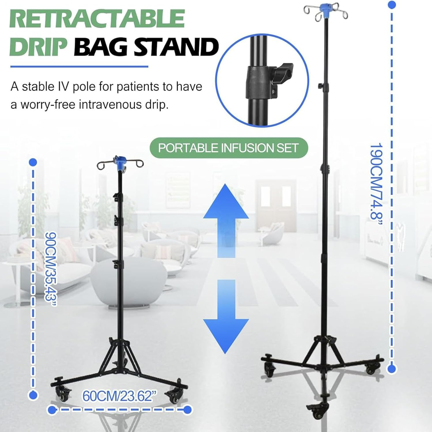 Iv Pole with Wheels | Mobile Iv Stand with Bottle Hook,Nursing Bed Foldable Hospital Equipment with Wheel for Healthcare Travel Daily Indoor Outdoor Elderly Home Clinics image number 2
