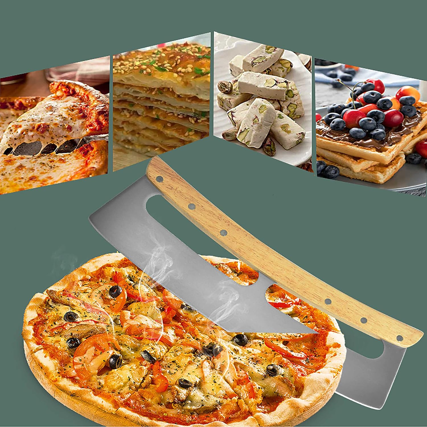 Stainless Steel Double Handle Pizza Cutter with Wooden Handle and Protective Cover Pastry Cutter - Super Sharp - Easy to Clean - Dishwasher Safe (14Inch)